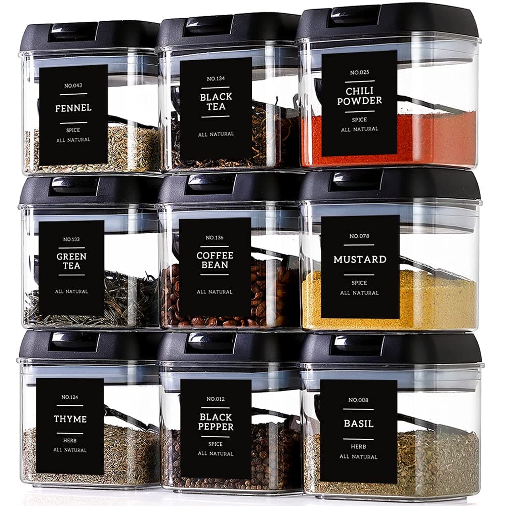 Spice Containers with Labels, 9 Pcs 16 Fl Oz Large Plastic Tea Storage Containers with 148 Spice Labels and 9 Spoons, Square Airtight Seasoning Containers Set with black Lids for Kitchen Pantry Coffee