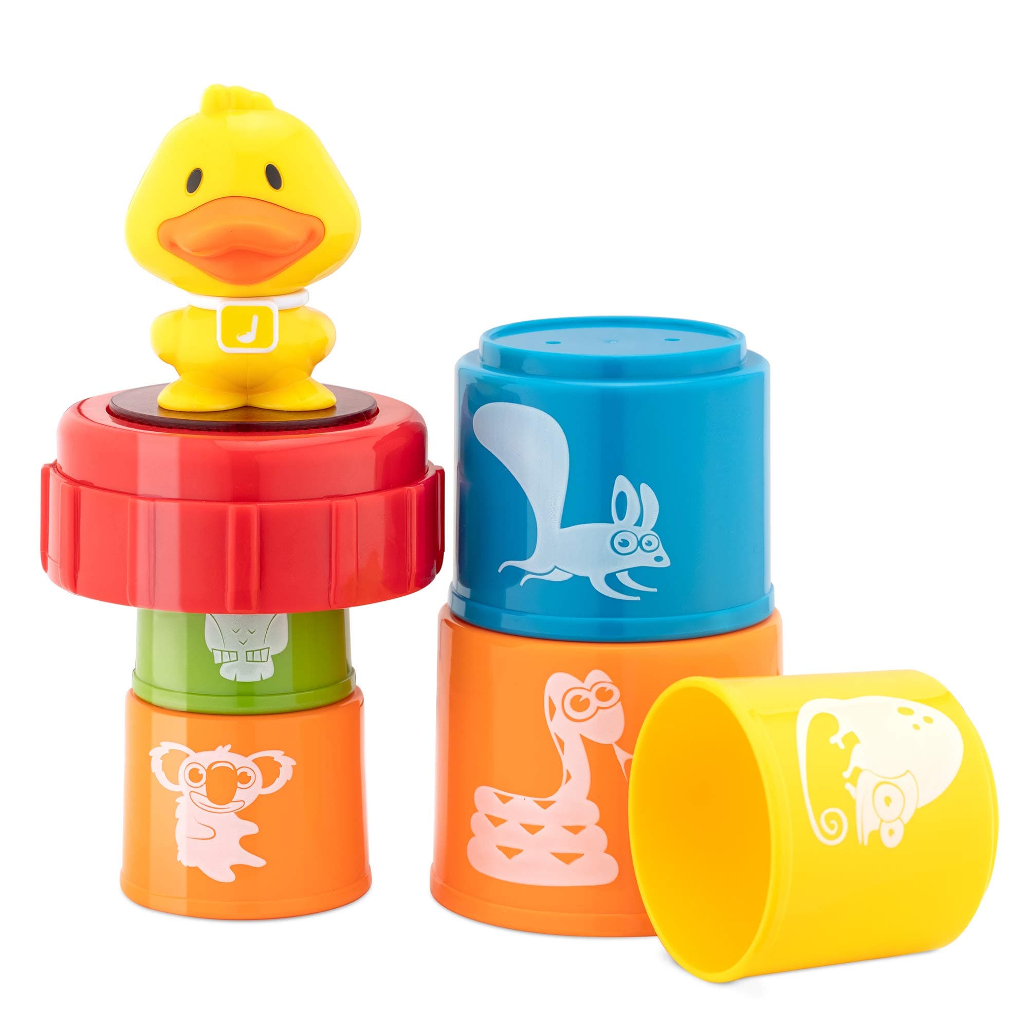 Navaris Musical Stacking Cups - Toy with Light and Music - Includes Duck That Plays 40 Different Melodies and 5 Cup Set with Animal Designs - 12M+