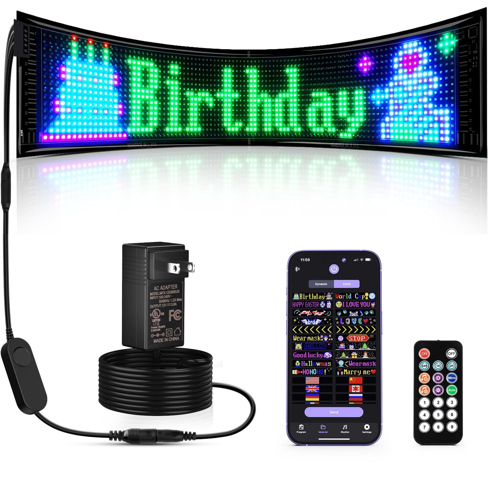 - 37”×8” Programmable LED Scrolling Sign with Remote, 12V Huge Bright Flexible Advertising LED Screen, Custom Message Display Board for Business Store Window Festival