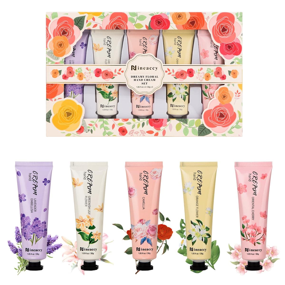 Floral assorted Hand Cream Set, 5 x 30ml，Pack of 5，Friendly to all skin，Gifts for Women, Mother's Day Gifts