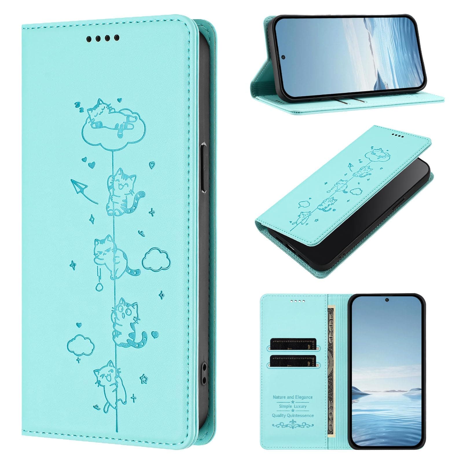 手帳型 対応 Nokia HMD Pulse Pro/HMD Pulse/HMD Pulse+ ケース,高級PUかわいい子猫ミの柄 RFIDスキミング防止全面保護 財布型耐衝撃 人気 気質 上品御洒落 女性 可愛い 磁気クラスプ 傷つけ防止 TPU柔軟 防水 軽量 皮製-ミントグリーン