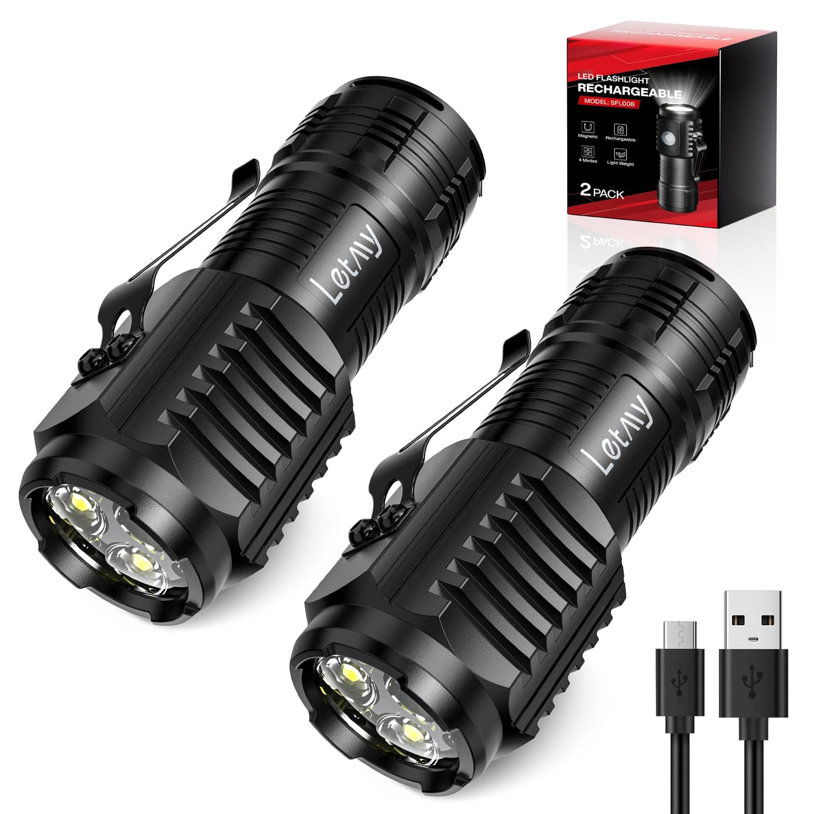 LETMY Rechargeable Mini Flashlights with Magnetic Base, 2 Pack Bright 3 LED Flash Lights, Small EDC Flashlight with Belt Clip, 4 Modes Portable Rechargeable Flashlights for Emergency Camping Home