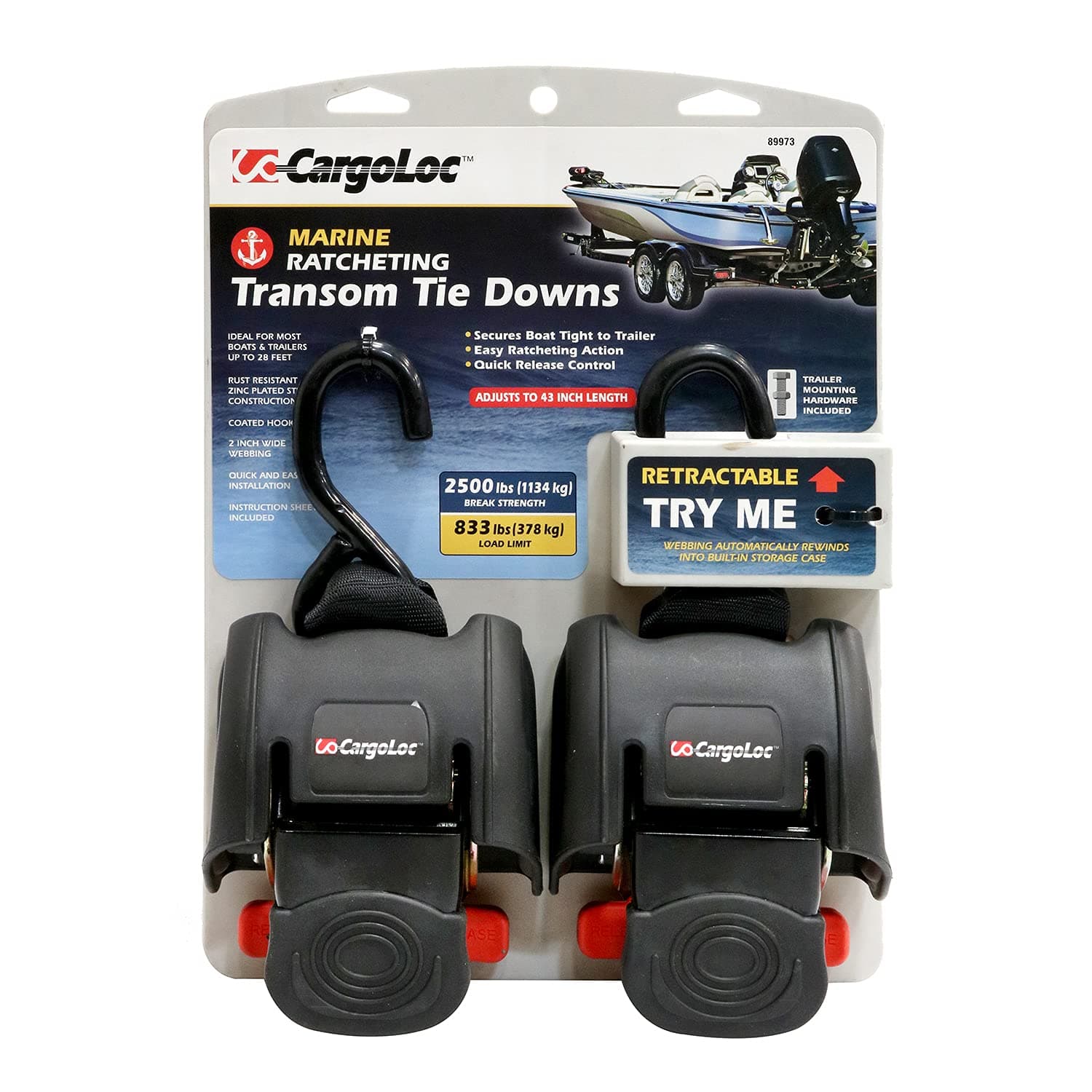 CargoLoc 89973 Retractable Transom Tie-Down, 2 Piece, One Size, Multi