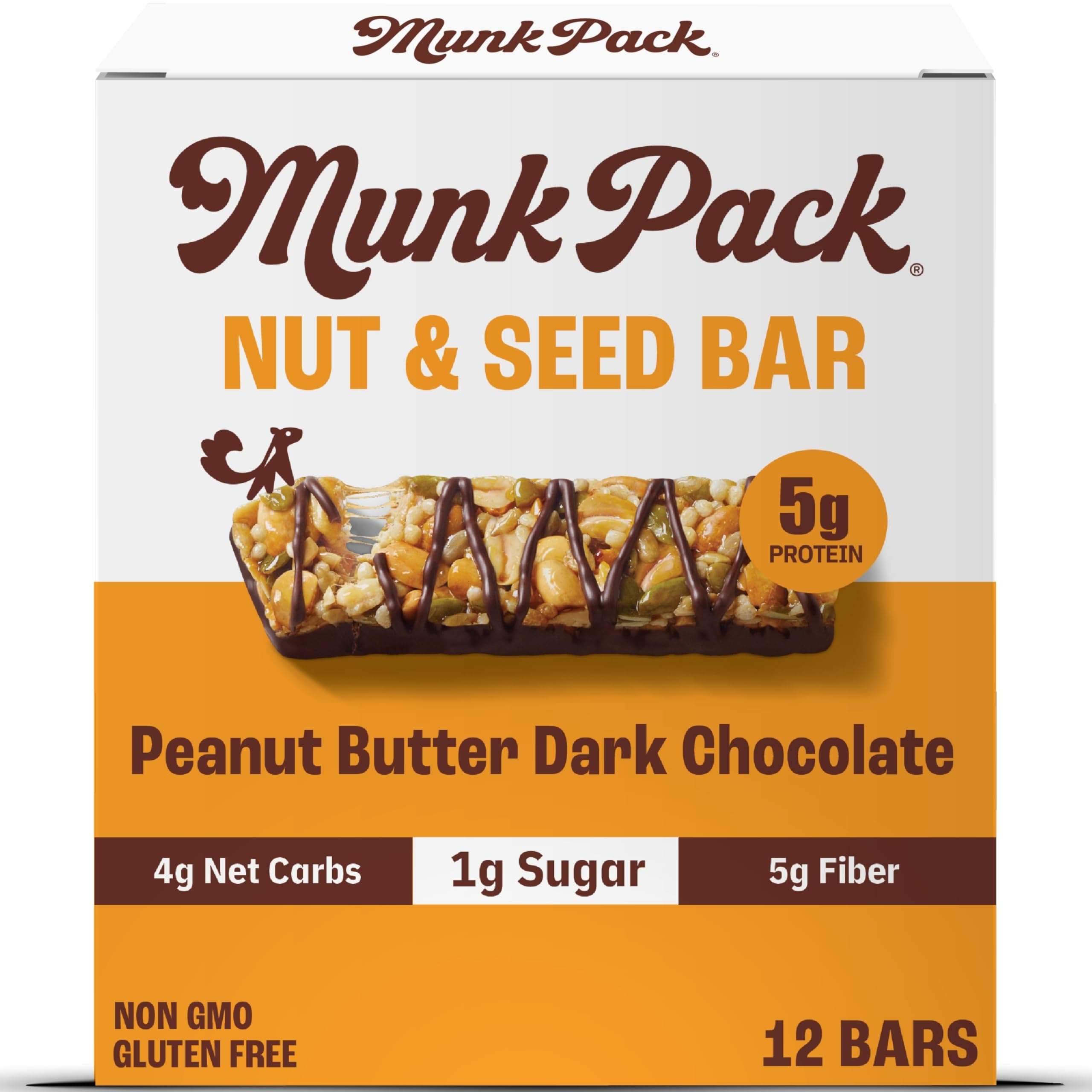 Munk PackNut & Seed Snack Bars - 5g Protein, 1g Sugar, 3g Net Carbs, Low Sugar, Keto, and Gluten Free Snack for Adults and Kids, Peanut Butter Dark Chocolate – 4.92 oz, 12 Pack