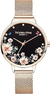 VICTORIA HYDEQuartz Watches for Women Floral Dial with Stainless Steel Mesh Band Genuine Leather Strap Waterproof Ladies Wristwatch