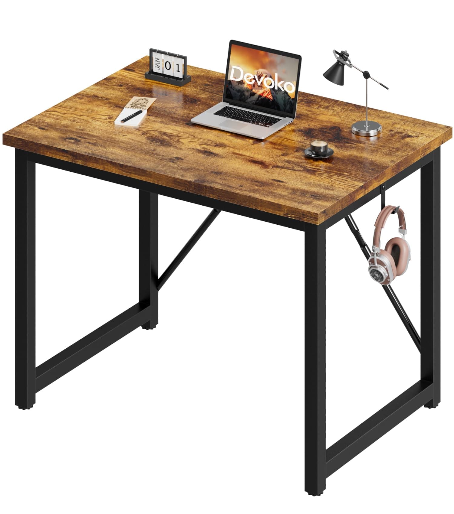 Devoko Computer Desk 80 x 50 x 75 cm, Home Office, Study Writing Desks Small Desks for Small Spaces, Laptop Table for Home Workstations, Industrial Design Black Desk Metal Frame, Rustic Brown