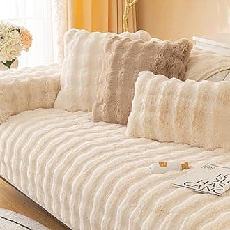 MERRYLIFE Thick Plush Faux Rabbit Fur Sofa Slipcovers 1-Piece Non-Slip Warm Soft Cozy Couch Covers Pillow Covers Furniture Protector(Beige, Sofa Cushion 90 * 120cm)