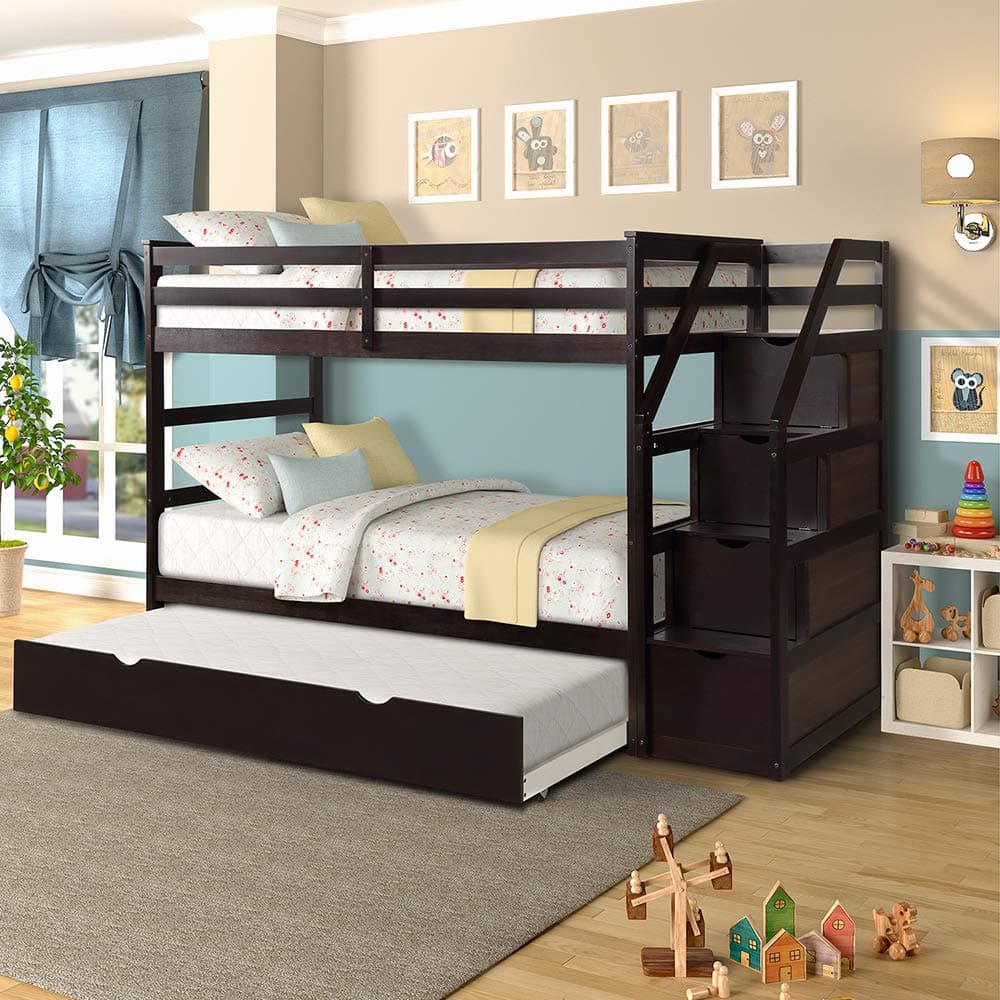 Romatlink Solid Kids, Hard Wood Bunk Bed with 4 Drawers in The Steps and a Twin Trundle, Natural Walnut Finish, Espresso