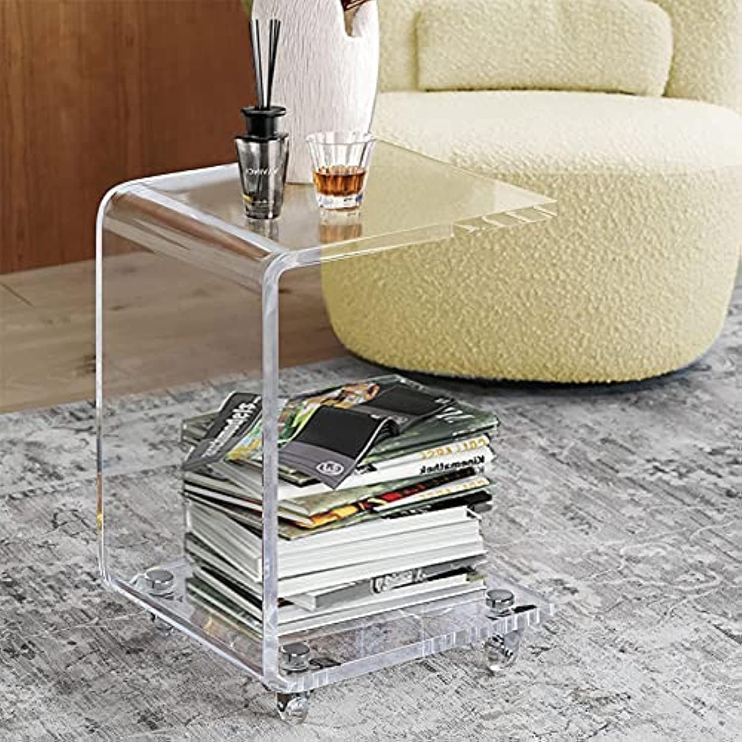 ONELUX Mobile C Shaped End Table,Acrylic Sofa Side Table, Snack Table On Wheels,Clear Rolling Table