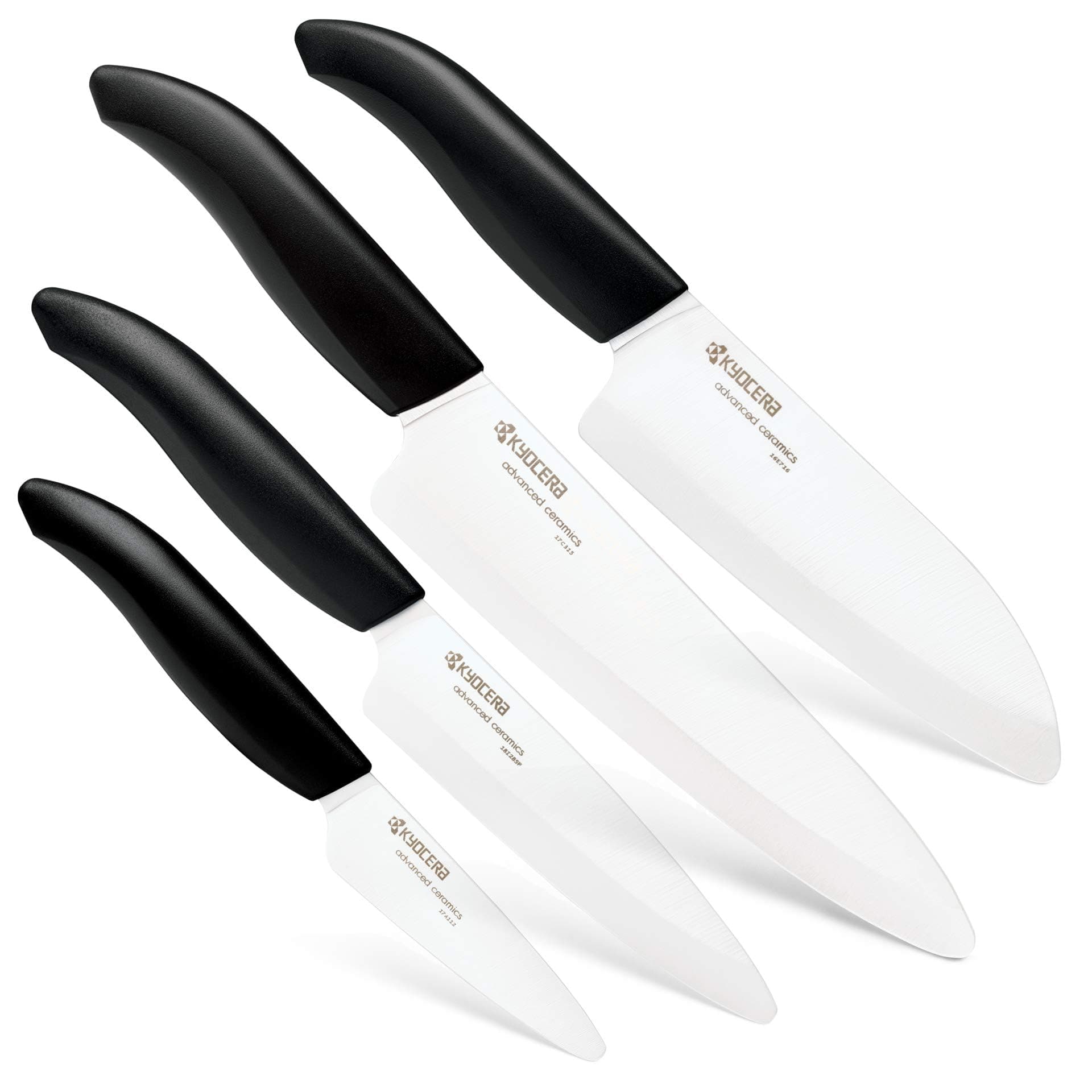 Kyocera’s Revolution 4-Piece Ceramic Knife Set: Ceramic Chef Knife For Your Cooking Needs, 7" Chef's Santoku, 5.5" Santoku, 4.5" Utility & 3" Paring Knives, Black/White