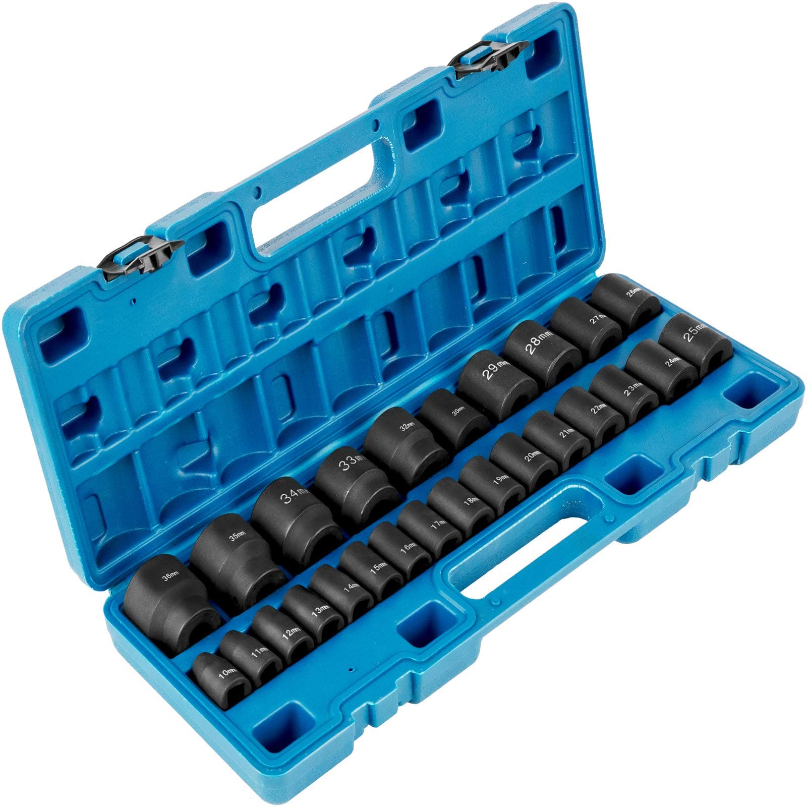 VEVORImpact Socket Set 1/2 Inches 26 Piece Impact Sockets, Shallow Socket, 6-Point Sockets, Rugged Construction, CR-M0, 1/2 Inches Drive Socket Set Impact Metric 10mm - 36mm, with a Storage Cage