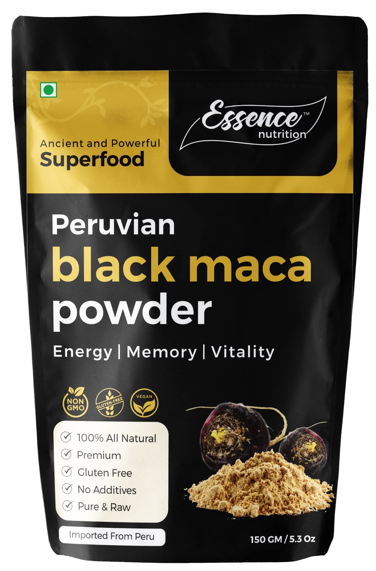 Essence Nutrition Original Black Maca Root Powder (150gm) - Pure & Effective Maca for Workout, Stamina & Strength | Imported from Peru - Use as a Maca Coffee For Men