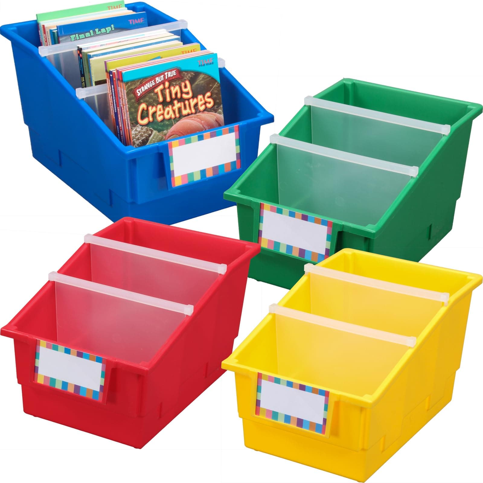 Really Good Stuff Chapter Book Classroom Library Bins with Dividers, 8.75" x 13.5" x 7.75", 4 Pack, Rainbow, Large Plastic Bin Organizers for Book Organization, Documents, Files, Magazines