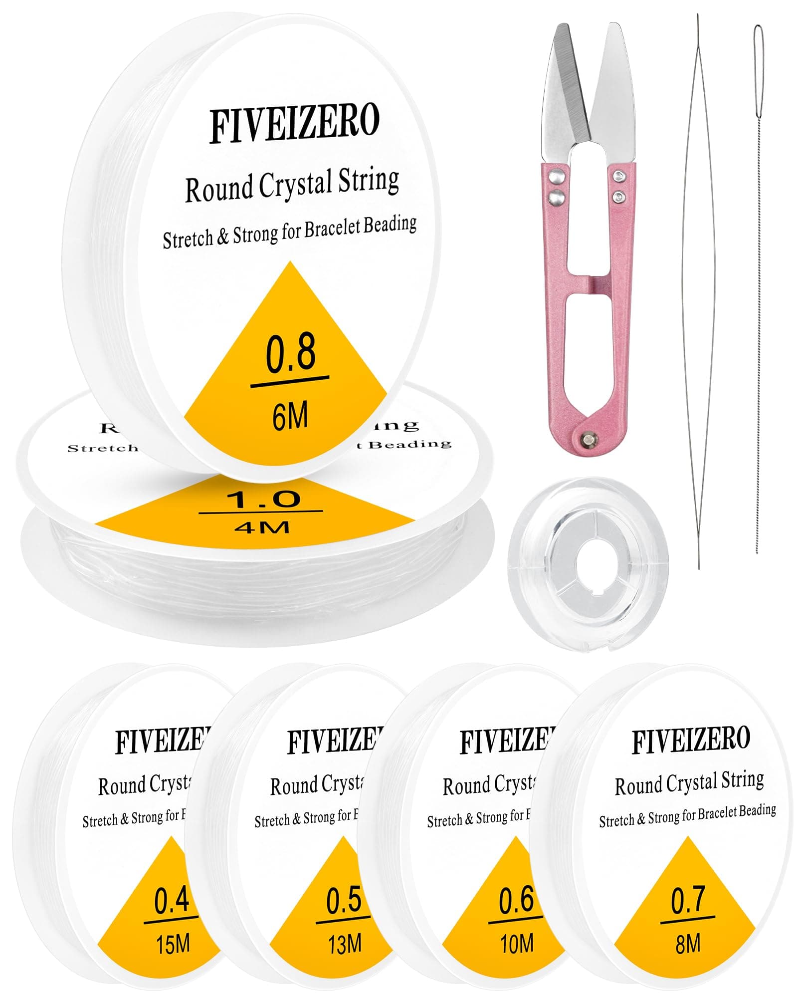 6 Rolls FIVEIZERO Elastic Bracelet String Cord, 0.4mm, 0.5mm, 0.6mm, 0.7mm, 0.8mm, 1mm Crystal Clear Stretchy Elastic Bead String for Bracelets, Jewelry Making and Clay Pony Seed Stone Beads Beading