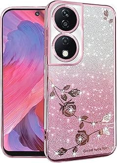 Phone Case for Honor X7b Clear Glitter Floral, Cute Slim for Honor X7b Case Silicone Shockproof Protective Women Girls Cover Sparkle Aesthetic (Pink)