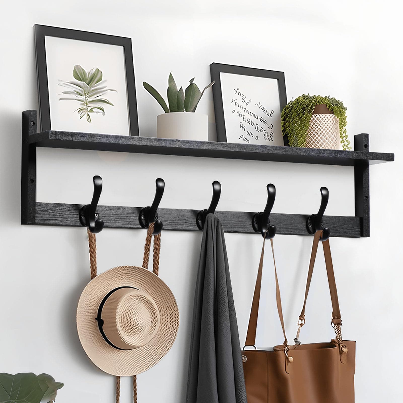 - 29'' Coat Rack Wall Mount with Shelf, Wood Wall Hooks with Storage, Entryway Shelf with 5 Coat Hangers for Bathroom, Living Room, Bedroom, Black