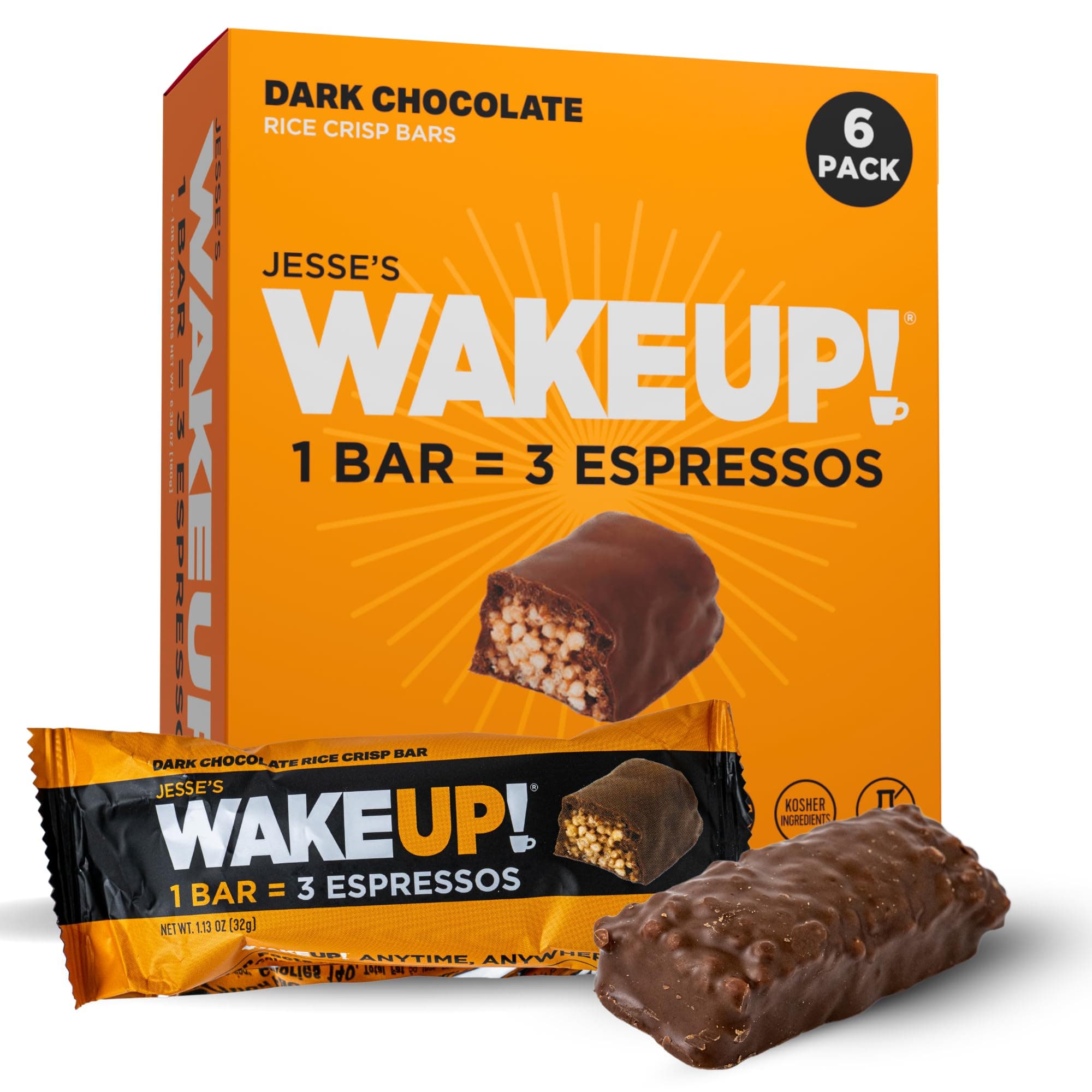 WAKE UP! Chocolate Caffeinated Protein Bars – 350 mg Clean Caffeine (1 Bar = 3 Espressos) • Vegan, Gluten-Free, Kosher • Plant-Based Energy + Protein • On-the-Go Focus & Endurance