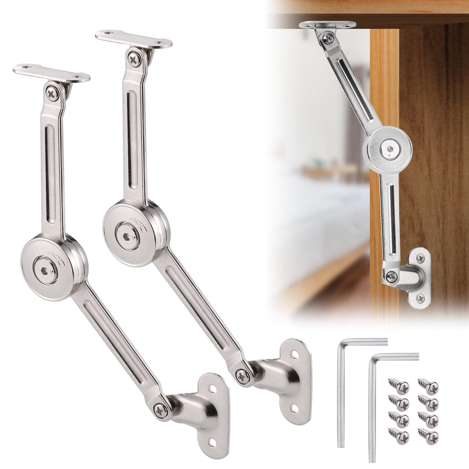 2Pcs Soft Close Lid Support Hinges with Screws & Hex Key, Satin Nickel Drop Down Hinges Support 40lb, Folding Lid Stay Hinges for Kitchen Door Cabinet Cupboard Wardrobe Toy Box Lift Up Stay