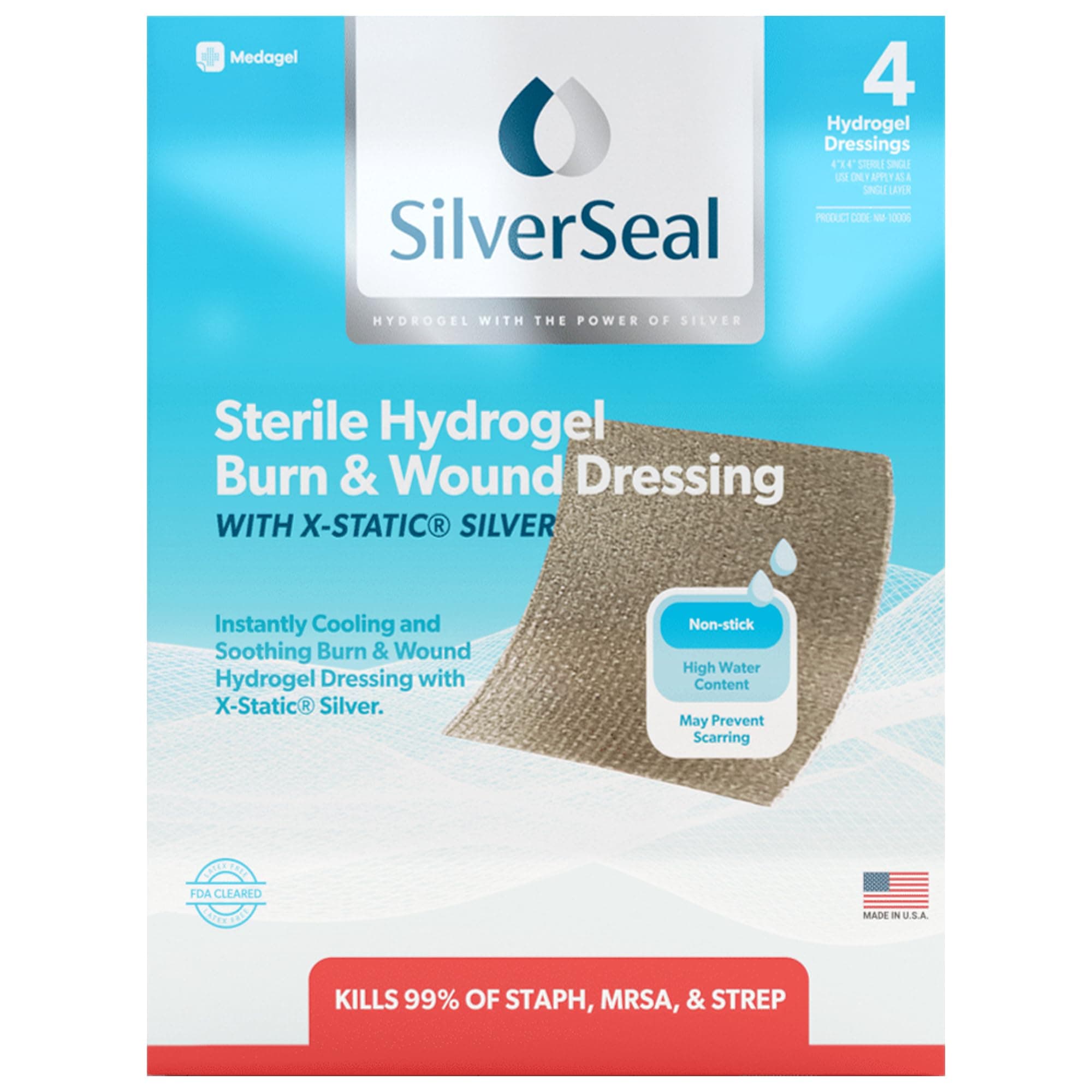 SilverSeal Burn and Wound Dressing | Hydrogel Pads with X-Static Silver | Soothing, Moist & Protective | Burns, Cuts & Wounds | 4 Sterile Dressings