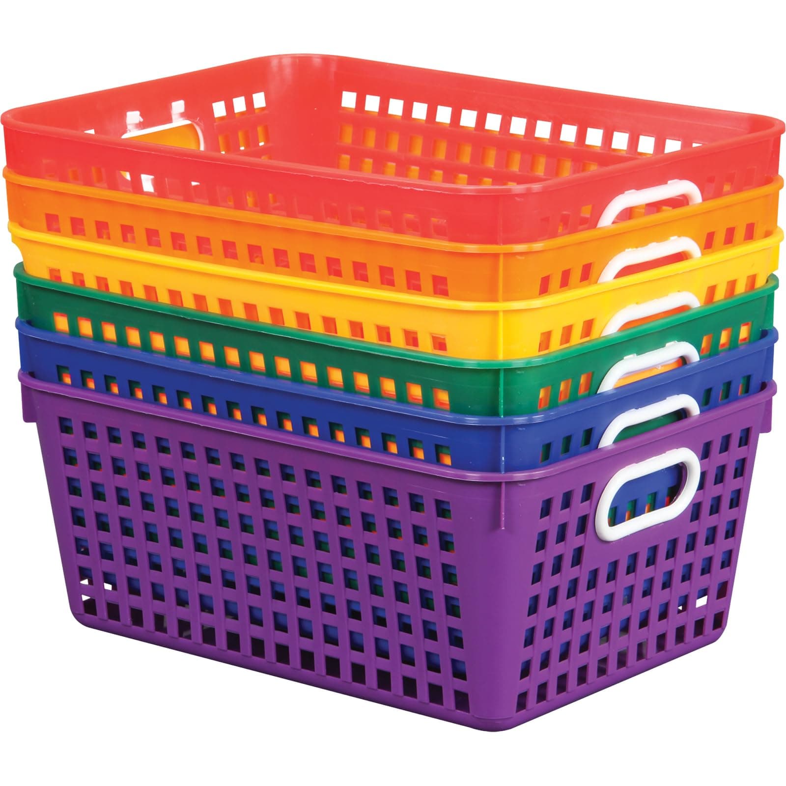 Really Good Stuff Plastic Storage Baskets with Handles, Bins for Books & Supplies, Organize Classroom & Home, 13” x 10”, Rainbow Colors 6 pk