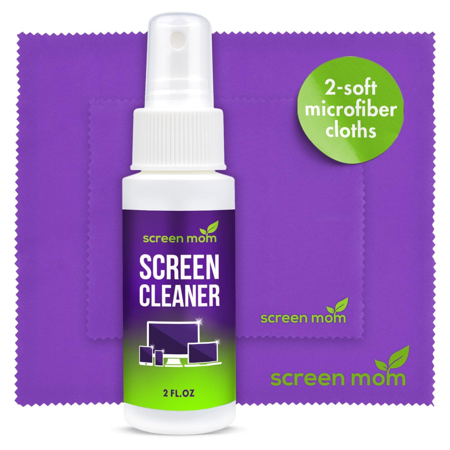 Screen Cleaner Spray and 2 Microfiber Cloths - 2oz Bottle by Screen Mom-Screen Cleaner Spray and Wipe for TV, Computer, Phone, iPad, Car Screen Cleaning Kit Electronic Cleaner Spray