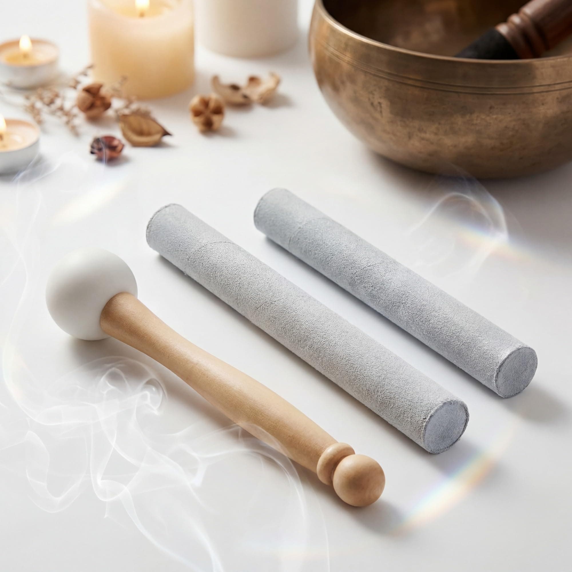 Nuanchu 3 Pieces Crystal Singing Bowl Mallet Set, Include Thick Suede Striker Solid and Hollow Sound Bowl Stick, Crystal Singing Bowl Rubber Mallet with Wood Handle for Playing Bowl(Silver)