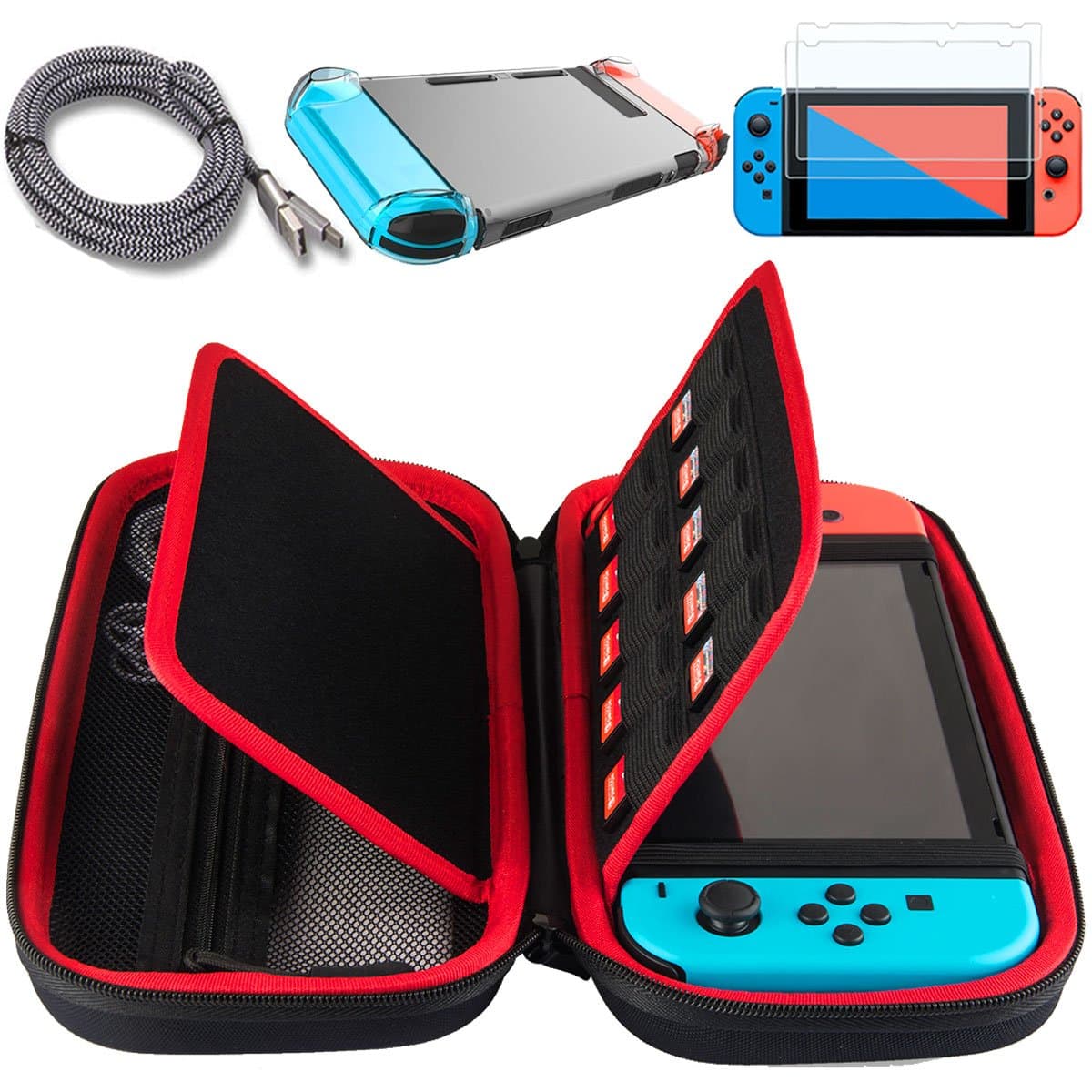 Youzizi Compatible For Nintendo Switch Case,with Dock Friendly Clear Case,2 Screen Protectors,2M/6ft Type C Charging Cable,Portable 20 Game Card Slots Travel Nintendo Switch Game Storage Case Bag