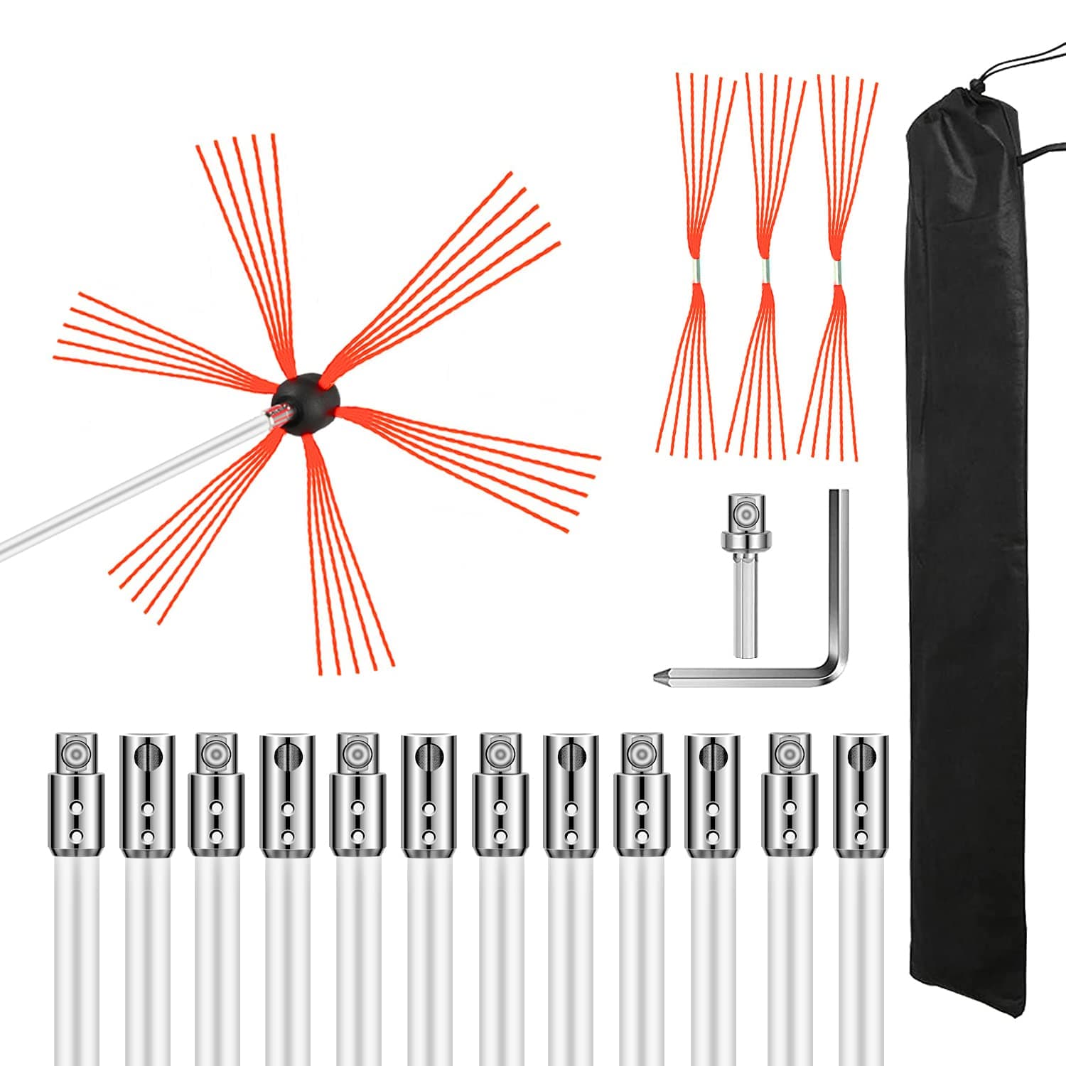 CLLVGOKD Chimney Sweep Kit 39 FT Chrome Button Locking System Chimney Cleaning kit with 12 Reinforced Nylon Flexible Rods Snap Locking 45 Degree Angle Driven by Drill for Fireplace Flue Home Use