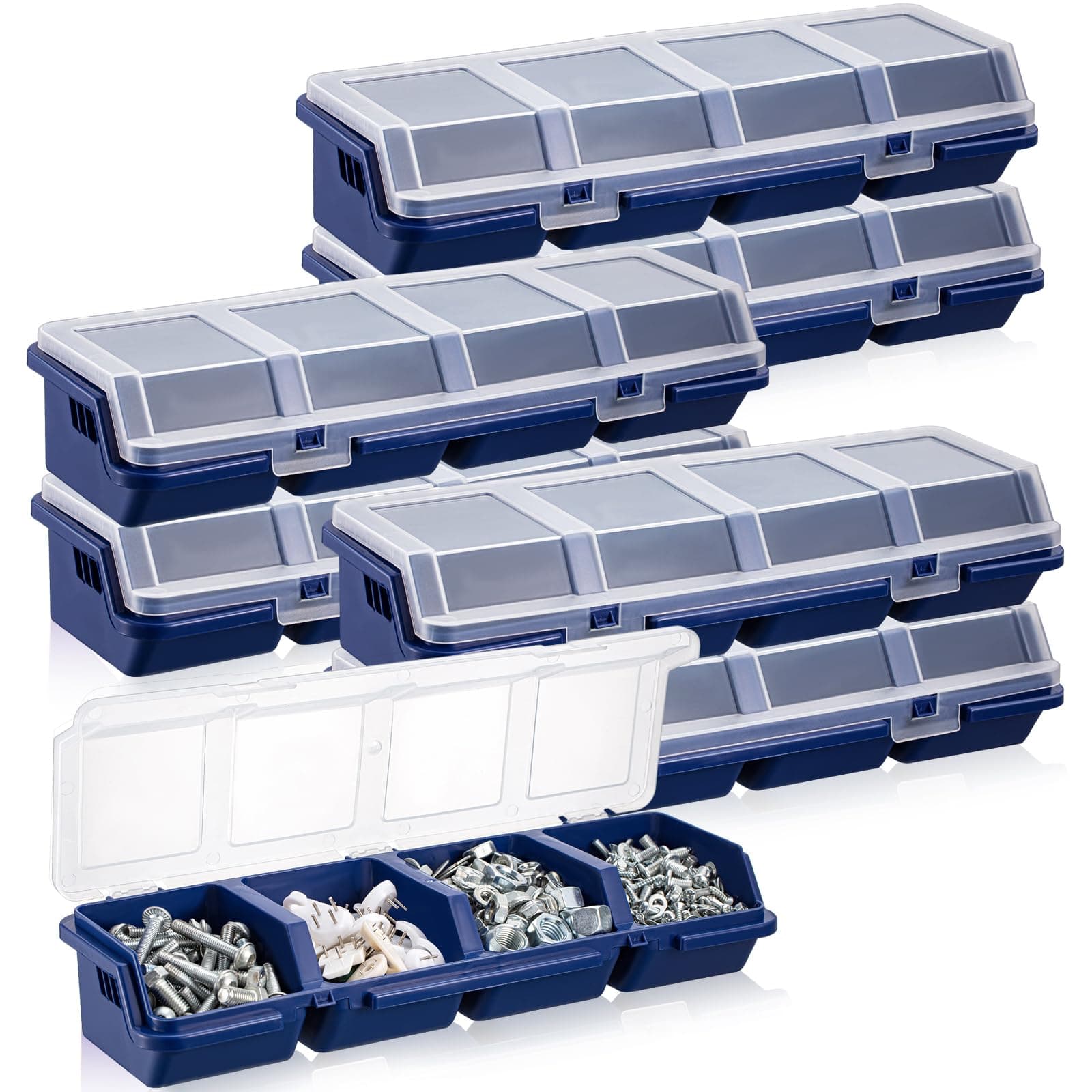 Hushee 6 Pcs Screw Organizer Box with Lid 4 Compartments Tool Bin Divider Plastic Stackable Hardware Organizer Small Part Storage Sorting Screw Box for Garage Workbench Craft Storage (Blue)