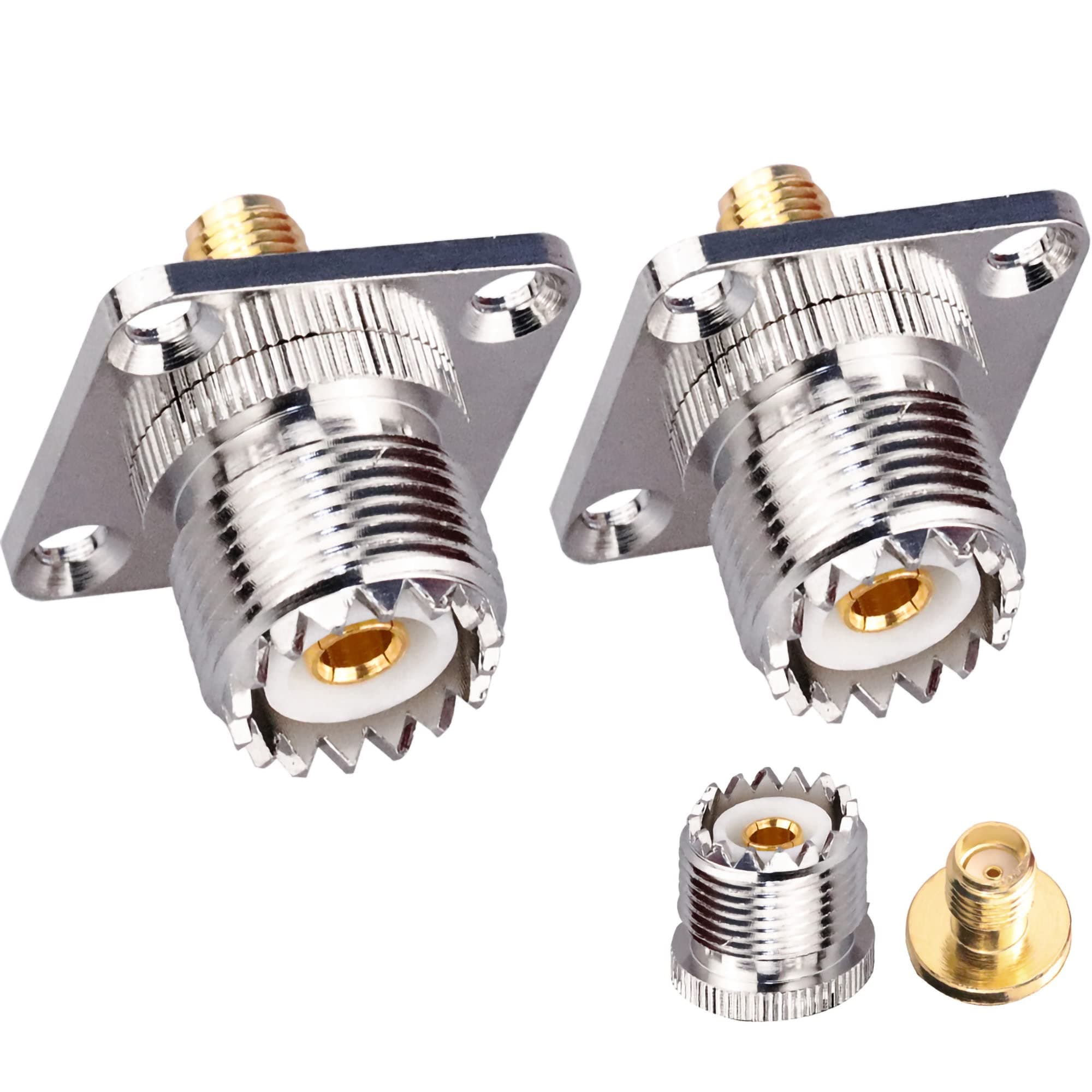 TUOLNK SMA to UHF Female Jack Panel Chassis Mount RF Coax Adapter SO239 PL259 4-Hole Flange for Jumper Cable Coaxial Connector 2 Pack