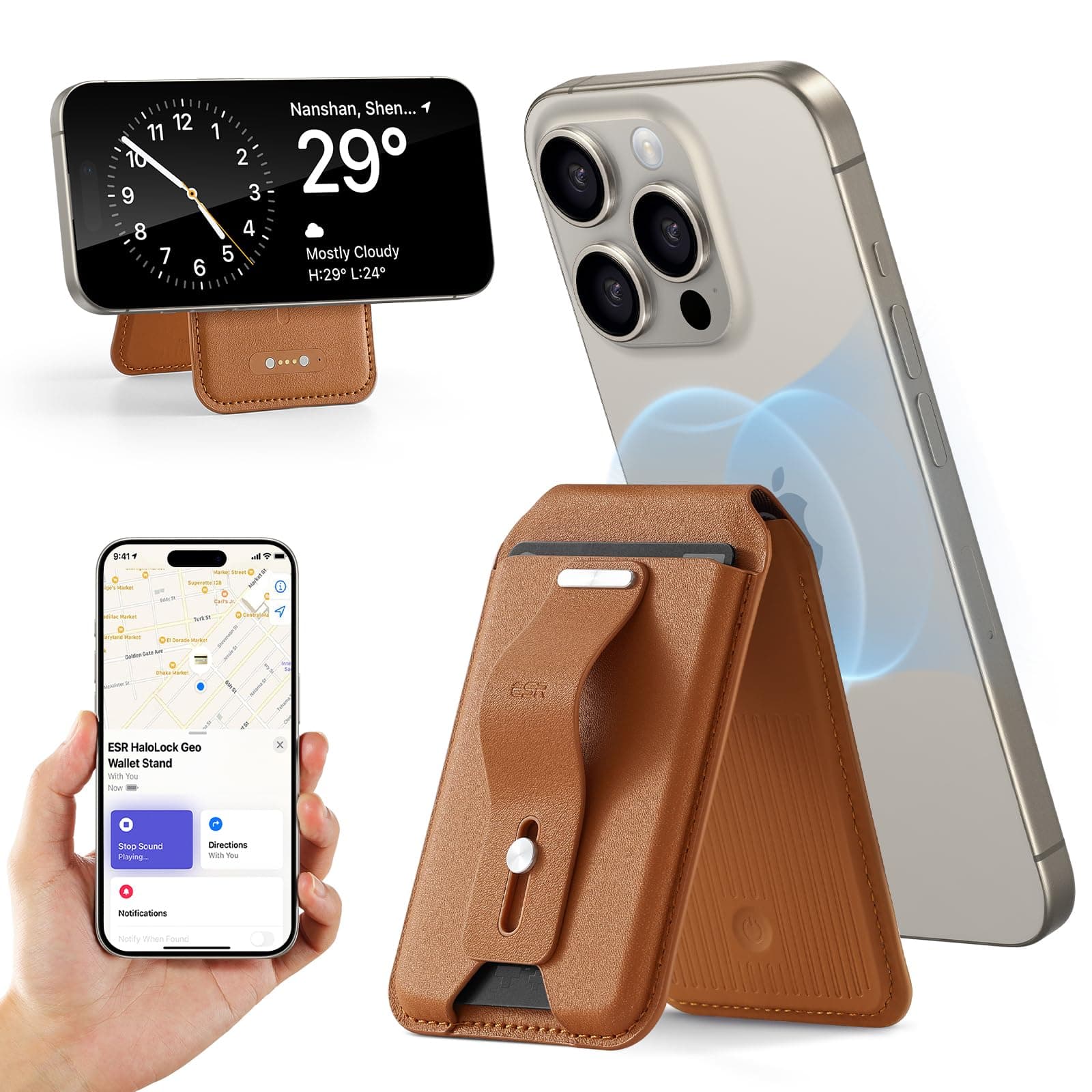 for Magsafe Wallet with Full Find My Functionality, Magnetic Geo iPhone Wallet, Up to 3,000g Magnet Strength, Card-Holder with Adjustable Stand, for iPhone 16/15/14/13/12 Series,Caramel Brown