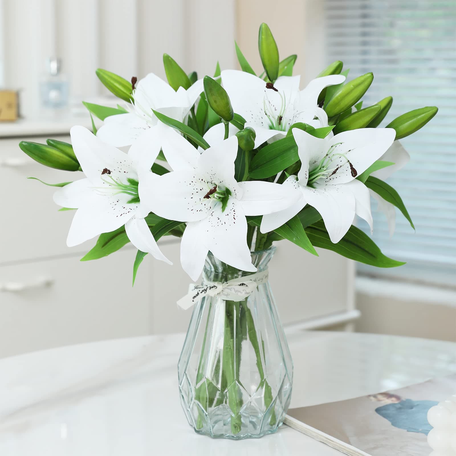 8 Pcs Artificial Tiger Lily Real Touch Easter Fake Spring Flowers For Wedding Home Party Decoration Plastic Faux (White, 8)