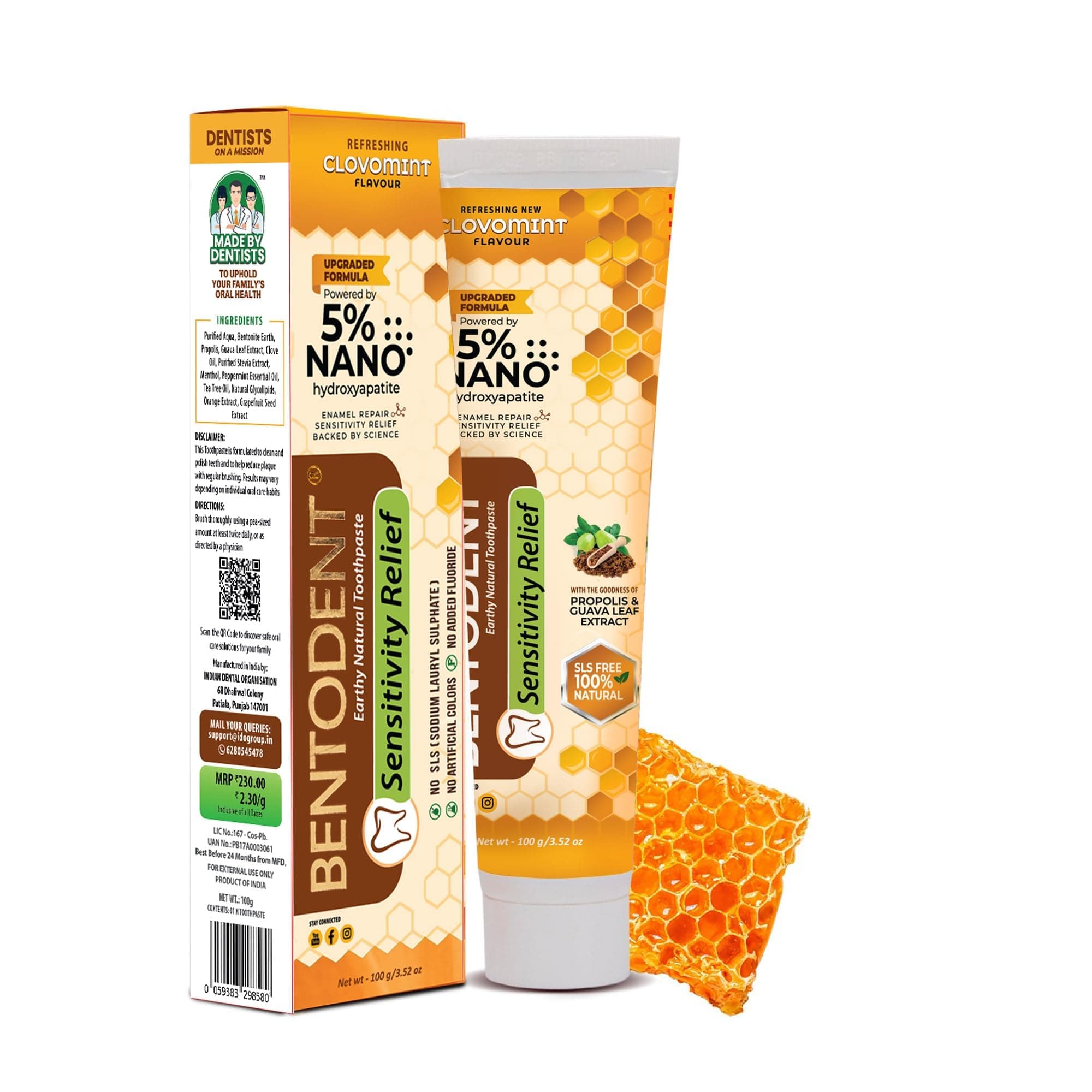 Bentodent Sensitive Toothpaste – Natural Sensitivity Relief with 5% Nano Hydroxyapatite, Clove & Mint, Bentonite Clay & Propolis, SLS-Free, No Added Fluoride, 100g