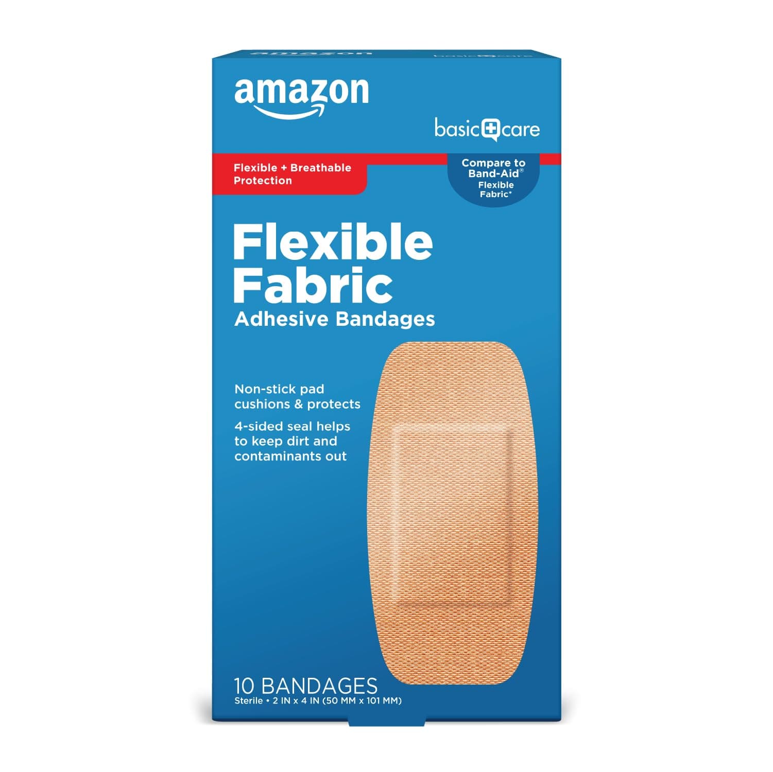 Flexible Fabric Adhesive Bandages, XL (2 in x 4 in), Non-Stick Pad for Cuts & Scrapes, 4-Sided Seal, 10 Count
