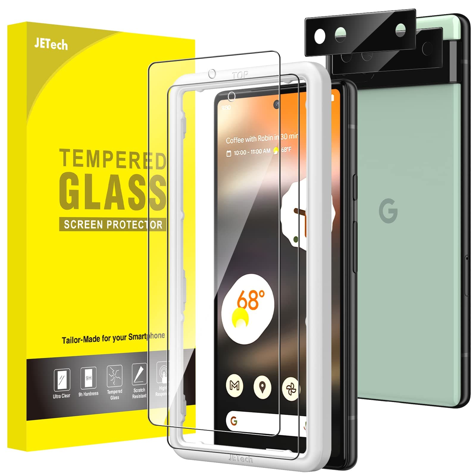 Screen Protector for Google Pixel 6a 6.1-Inch with Camera Lens Protector, Easy Installation Tool, Fingerprint Compatible, Tempered Glass Film, HD Clear, 2-Pack Each