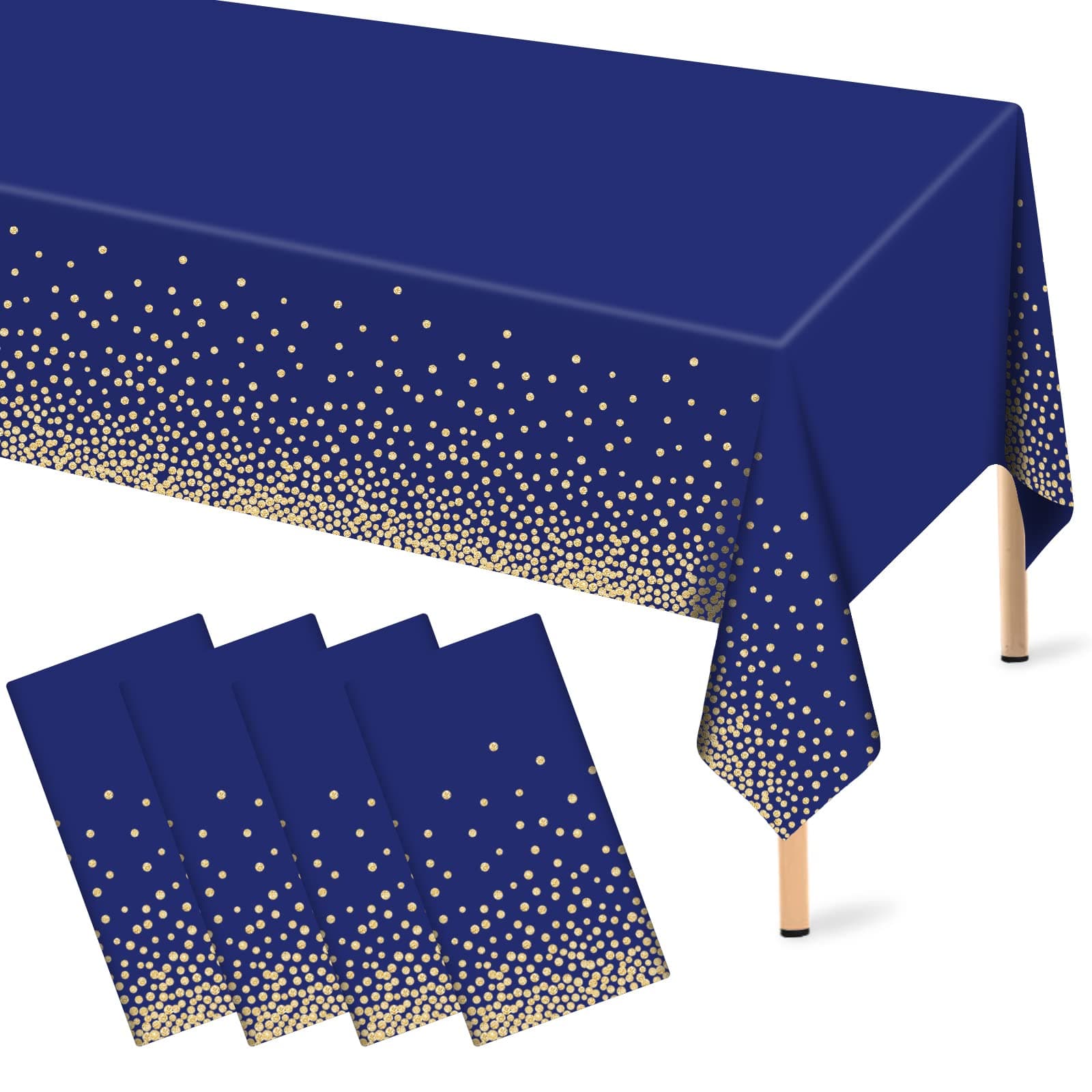 4 Pcs Navy Blue Plastic Tablecloth Gold Dot Blue Table Cloths, 54×108 inches Disposable Gold Dot Confetti Dark Blue Table Cover for Anniversary Friendsgiving Fine Dining Graduation Party Decoration…