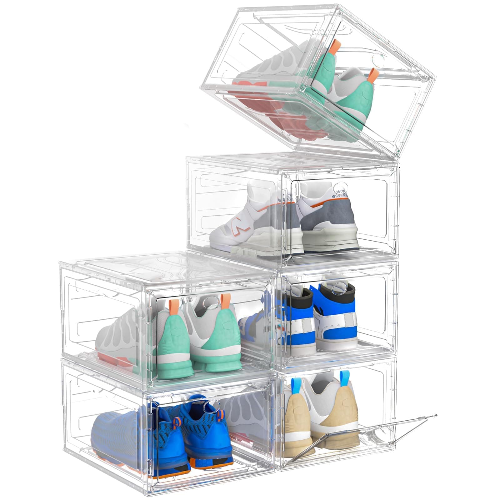 Upgrade Harder Solid Plastic Shoe Organizer, Shoe Storage with Magnetic Front Door, Shoe Rack 6 Pack Shoe Boxes Clear, Sneaker Storage, Shoe Organizer for Closet, Shoe Display Case, White