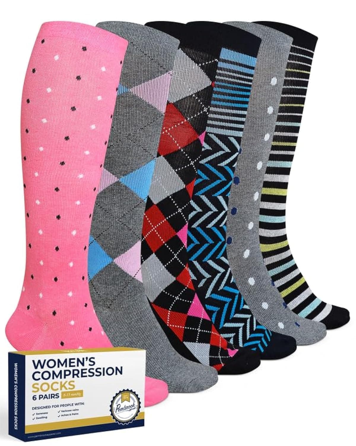 Women’s Compression Socks (6 Pack) – Graduated Support - Ladies Running, Medical, Diabetic, Travel, Pregnancy, Nursing Socks