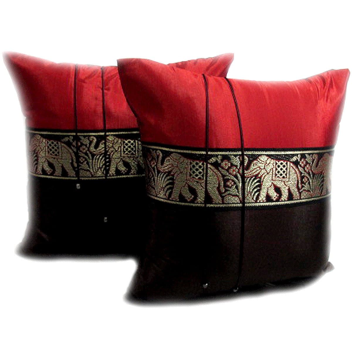 One Pair Red & Brown Elephant Middle Stripe Throw Cushion Cover/Pillow Sham Handmade by Satin and Thai Silk for Decorative Sofa, Car and Living Room Size 16 X 16 Inches