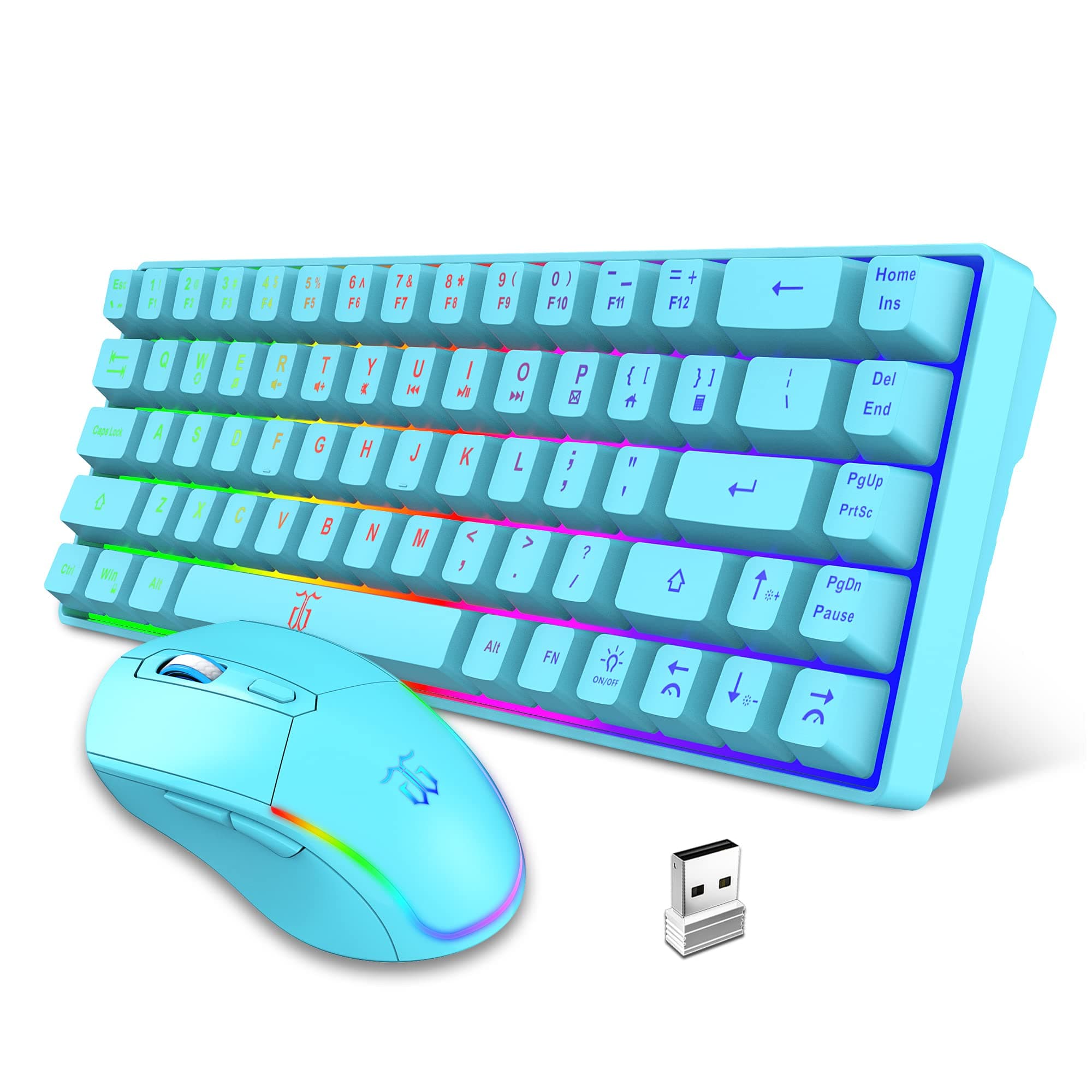 Snpurdiri 60% Wireless Gaming Keyboard and Mouse Combo,LED Backlit Rechargeable 2000mAh Battery,Small Membrane But Mechanical Feel Keyboard + Popular RGB Mice for Gaming,Business Office(Blue)