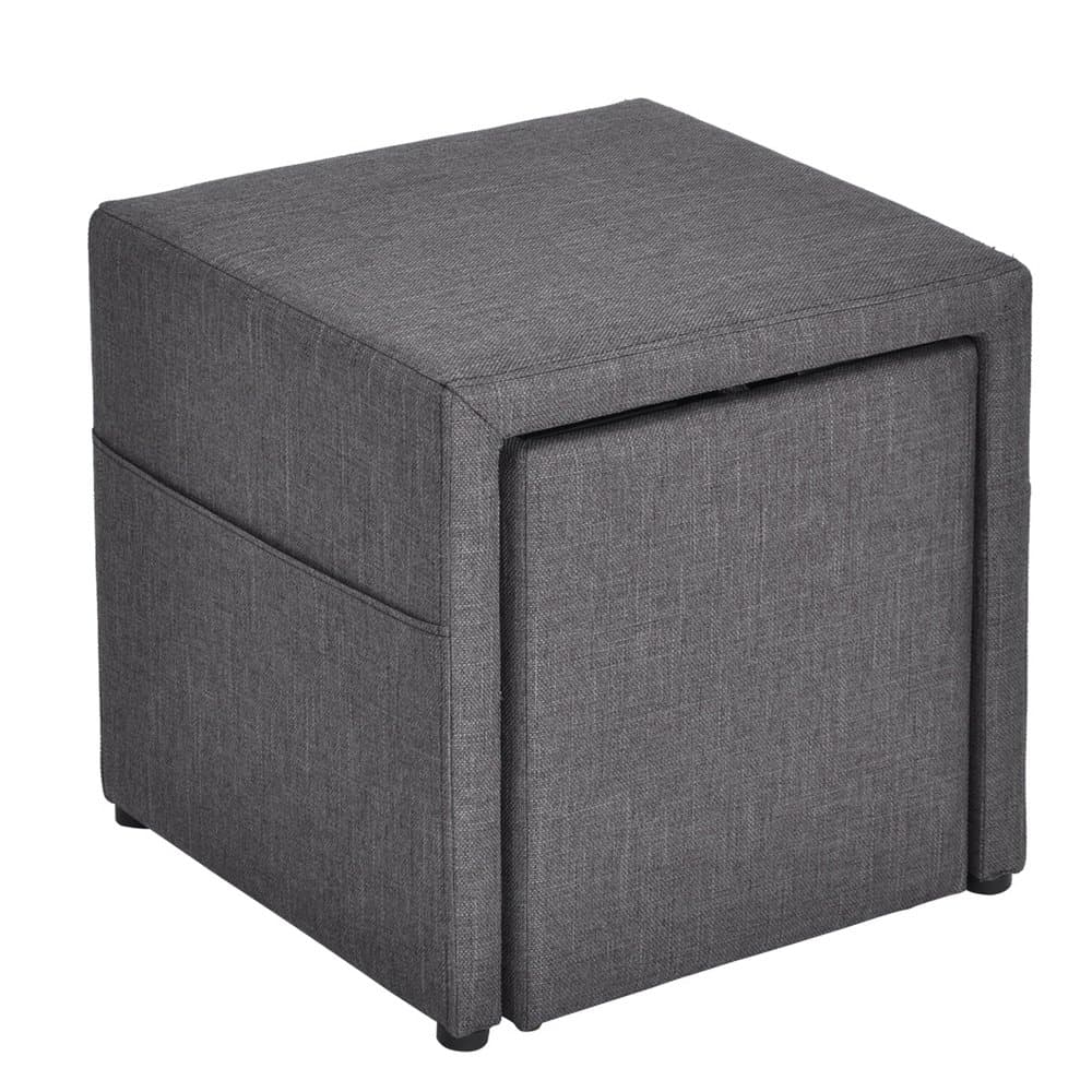 HOMY CASA 17" Storage Ottoman w/Pull Out Drawer & Side Pocket - Gray Linen - Square Foot Rest Stool, Small Cube Table Ottomans