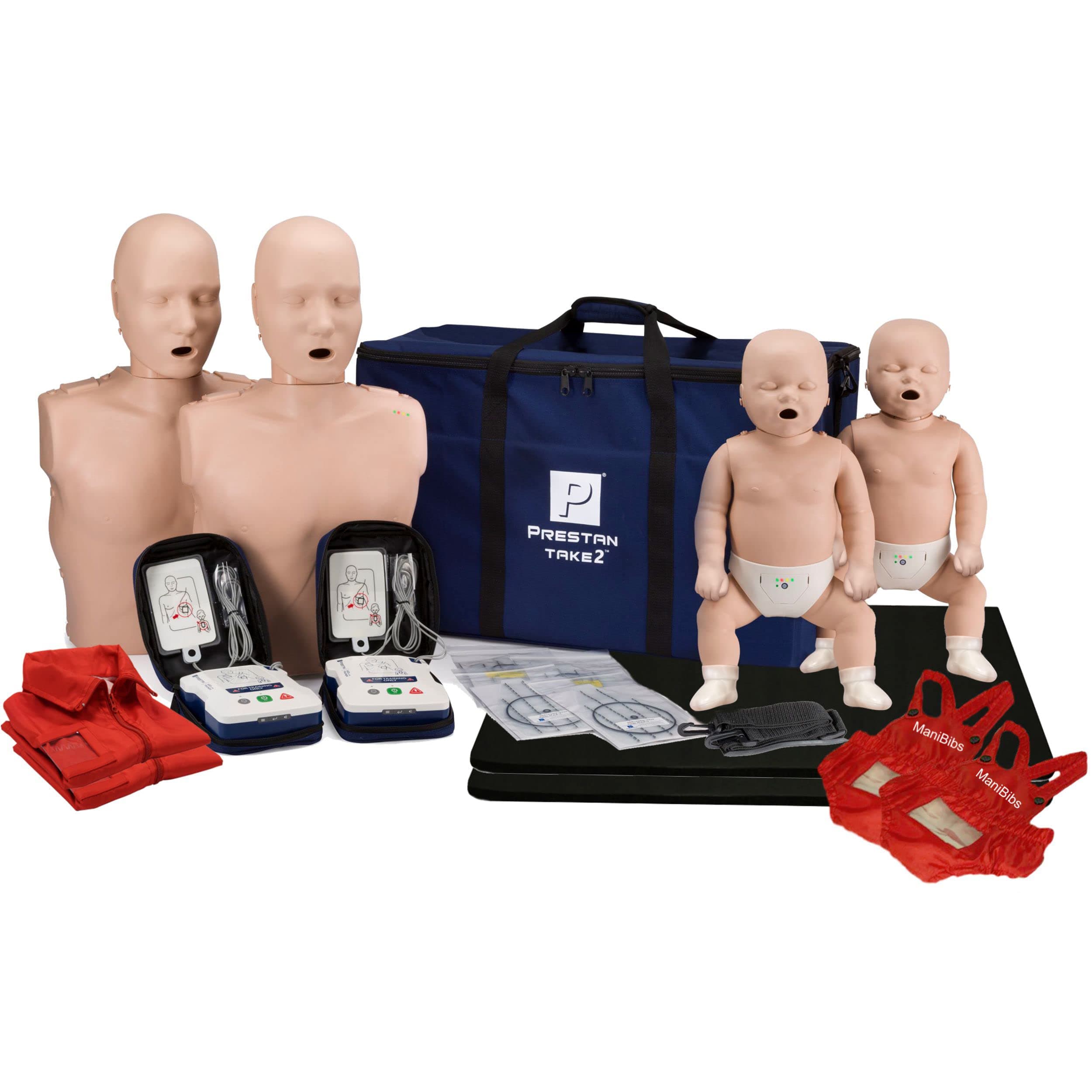 Prestan Take2 CPR Manikin & AED Trainer Kit with Feedback (2-Adult, 2-Infant, 2-AED UltraTrainers) and MCR Medical Accessories