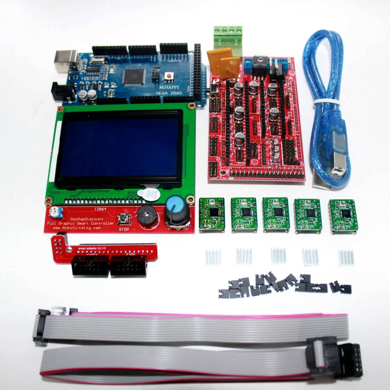 Mihappy 3D Printer Kits Controller RAMPS 1.4 + Mega 2560 R3 + 5pcs A4988 Stepper Motor Driver with Heatsink + LCD 12864 Graphic Smart Display Controller with Adapter For Arduino RepRap