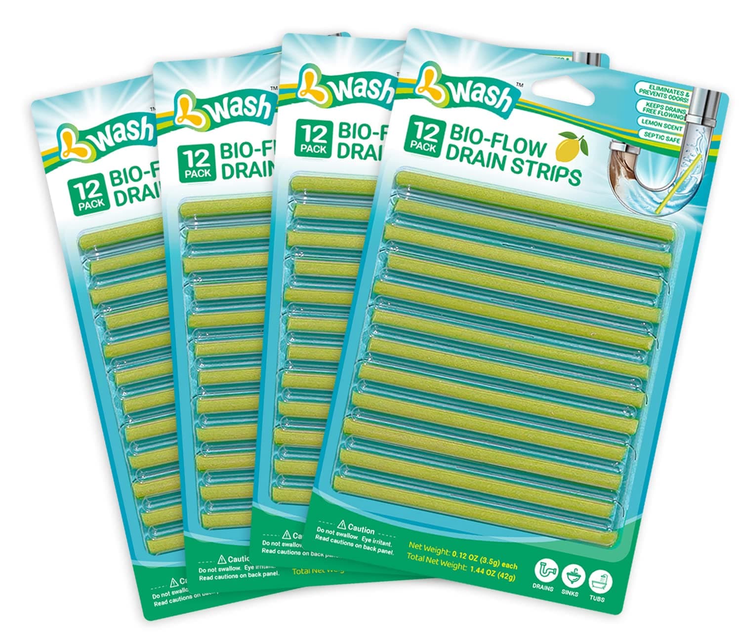 Lemon Scent Bio-Flow Drain Strips - 48 Strips | L-Wash Drain Cleaner & Odor Remover Drain Sticks - Keeps Drains Fresh