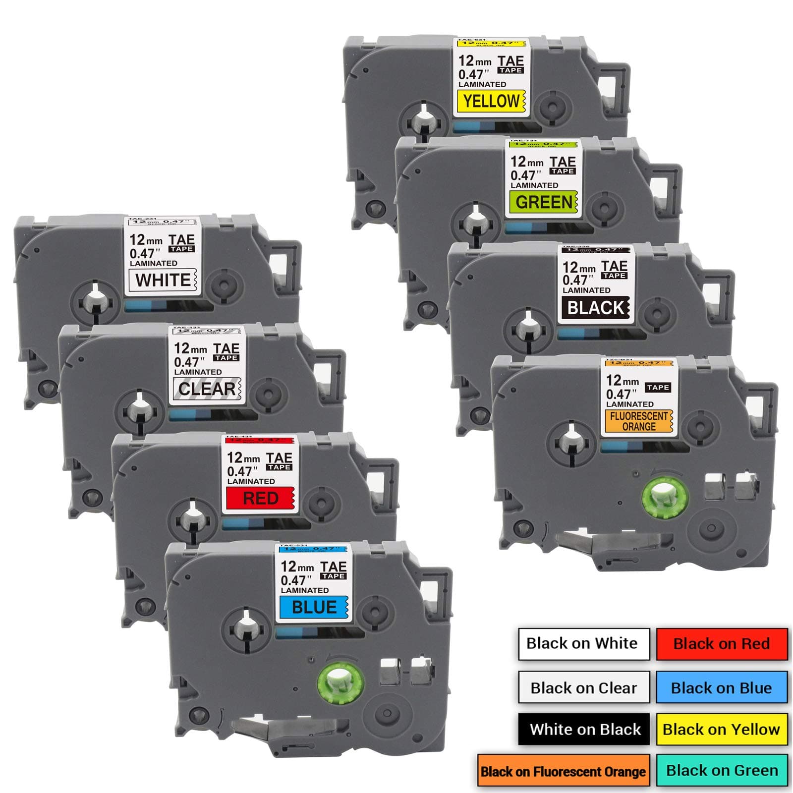 Compatible Label Tape Replacement for Brother P Touch TZe Label Tape 12mm 0.47 Inch (Black on White/Orange/Clear/Red/Blue/Yellow/Green) for P Touch PT-D210 H110 D400 Label Maker, Laminated, 8-Pack