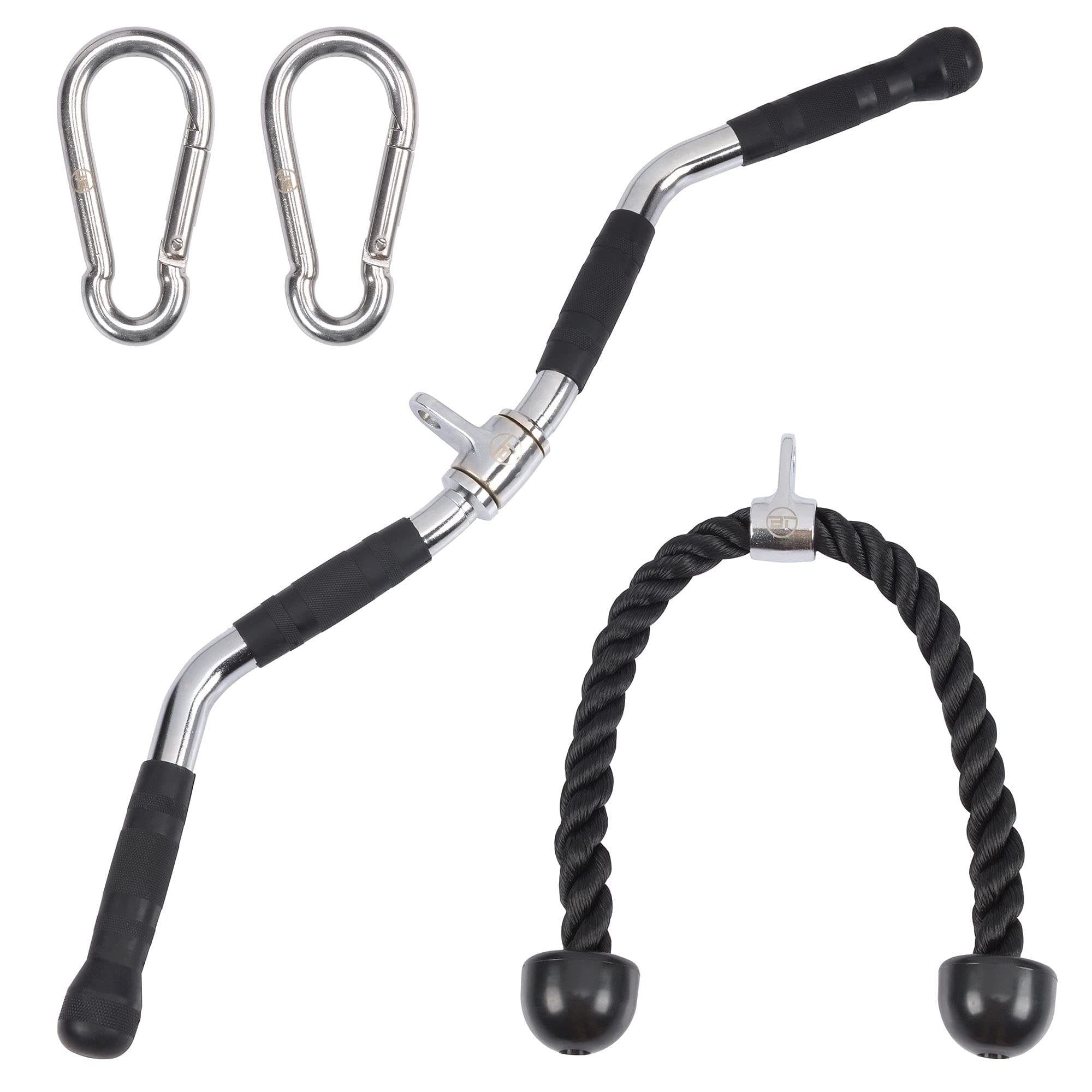LAT Pulldown Bar Attachment with Tricep Pulldown Rope - BT Training, 30 inch Gym Pull Down bar for tricep, Back and More. Rubbery Handles with 360° Rotation and attachments for a Machine/Cable