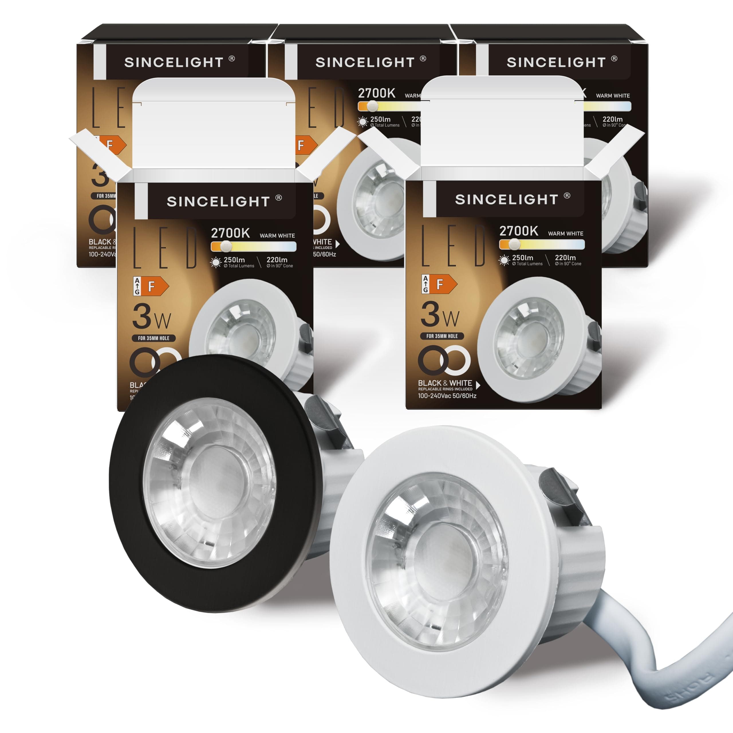 SINCELIGHT MINI Recessed Spotlight,Small Downlight for 35-40mm Ceiling Hole,Cabinet,Showcase, MR11 Replacements,White and Black Ring Replaceable,IP65 Waterproof,Warm White 2700K,RA≈92,Pack of 5