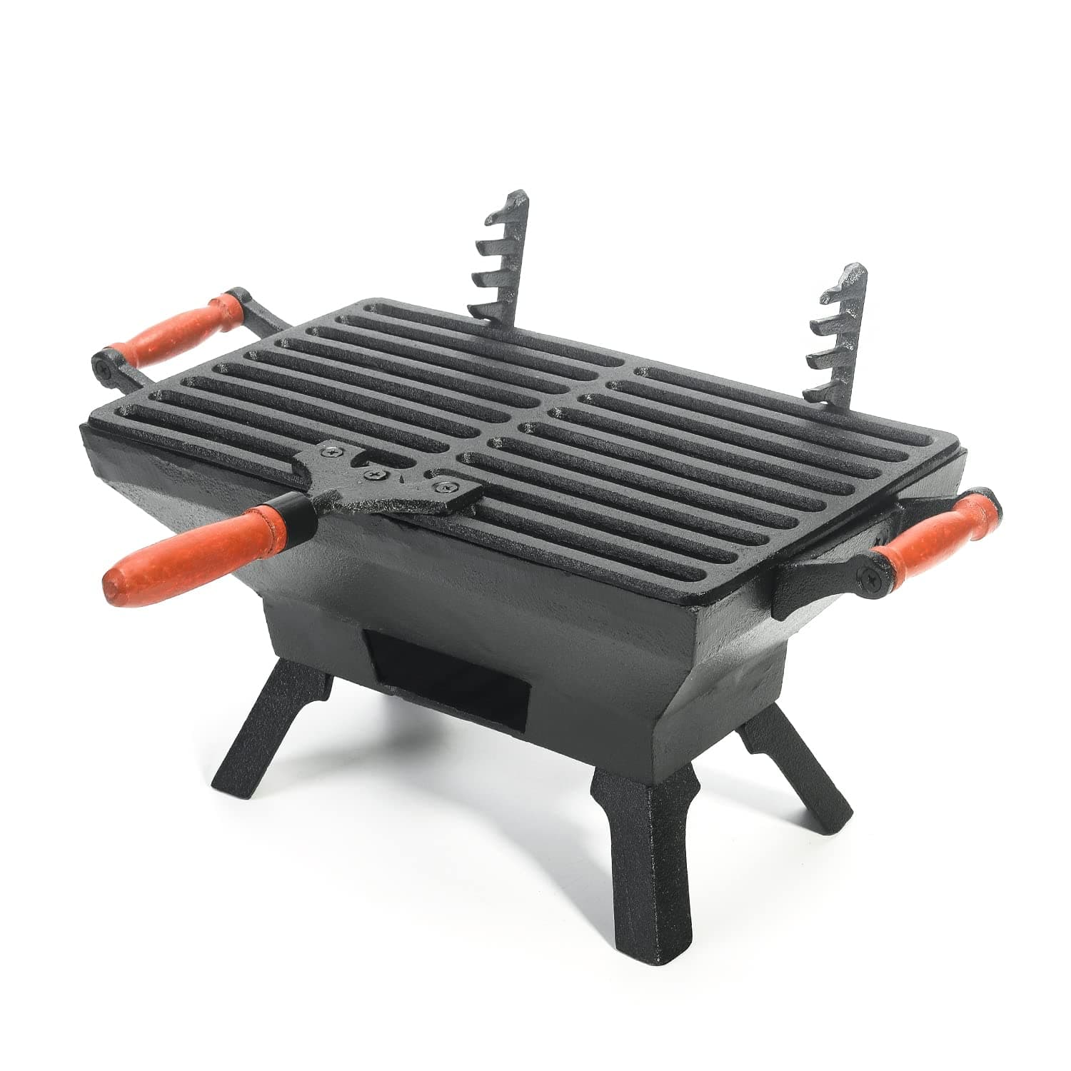 Sungmor Compact Cast Iron Charcoal Grill - Tabletop BBQ Grill with Adjustable Grate & Wooden Handles, 12” x 7” Ideal for 1-3 People - Portable Heavy-Duty Grill for Camping, Balcony & Small Spaces