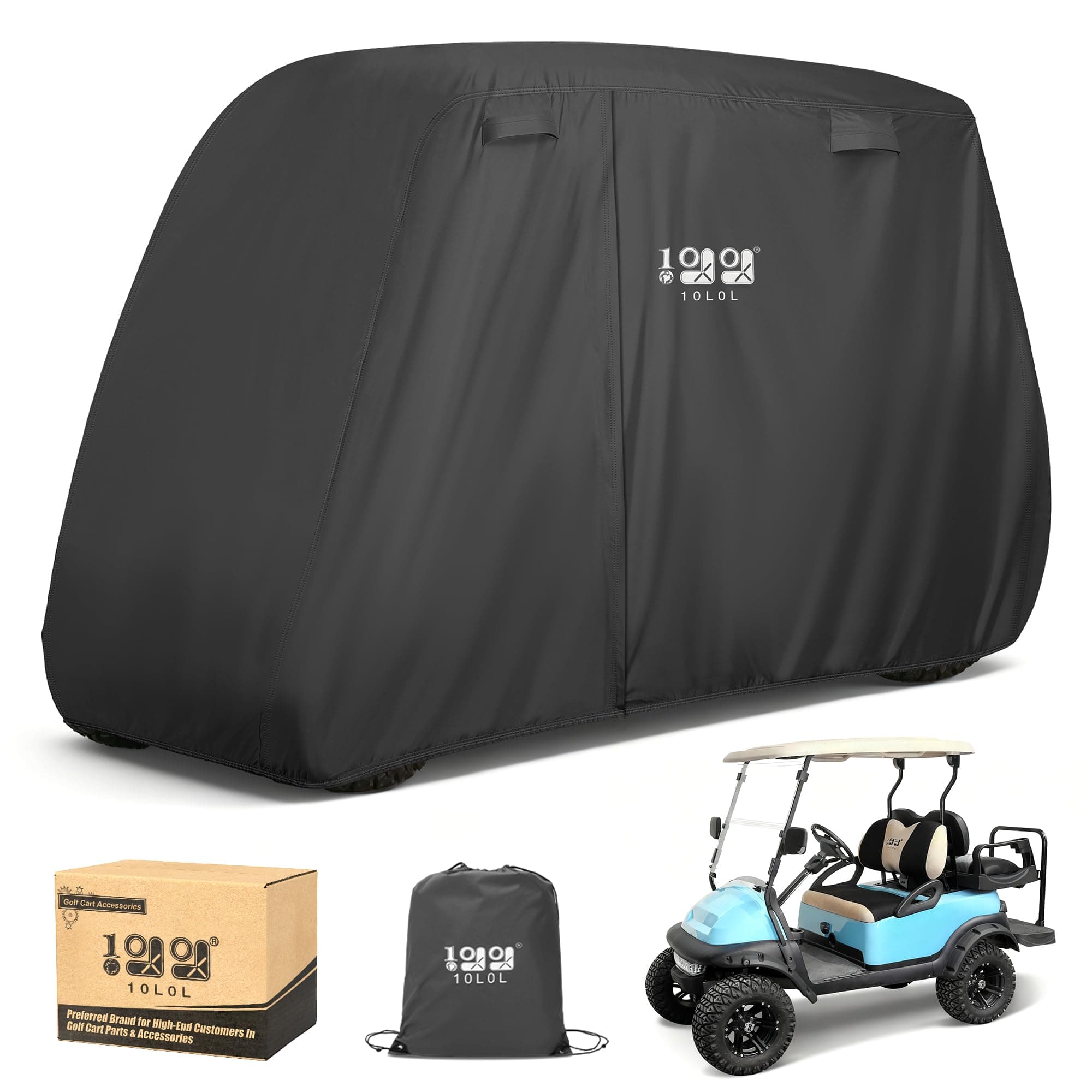 10L0L Golf Cart Cover 2/4/4+2 Passenger for Yamaha EZGO Club Car, Heavy Duty 420D Waterproof Windproof Durable Oxford Golf Cart Cover with 3 Zipper Doors for All-Weather Protection (Black/Silver)