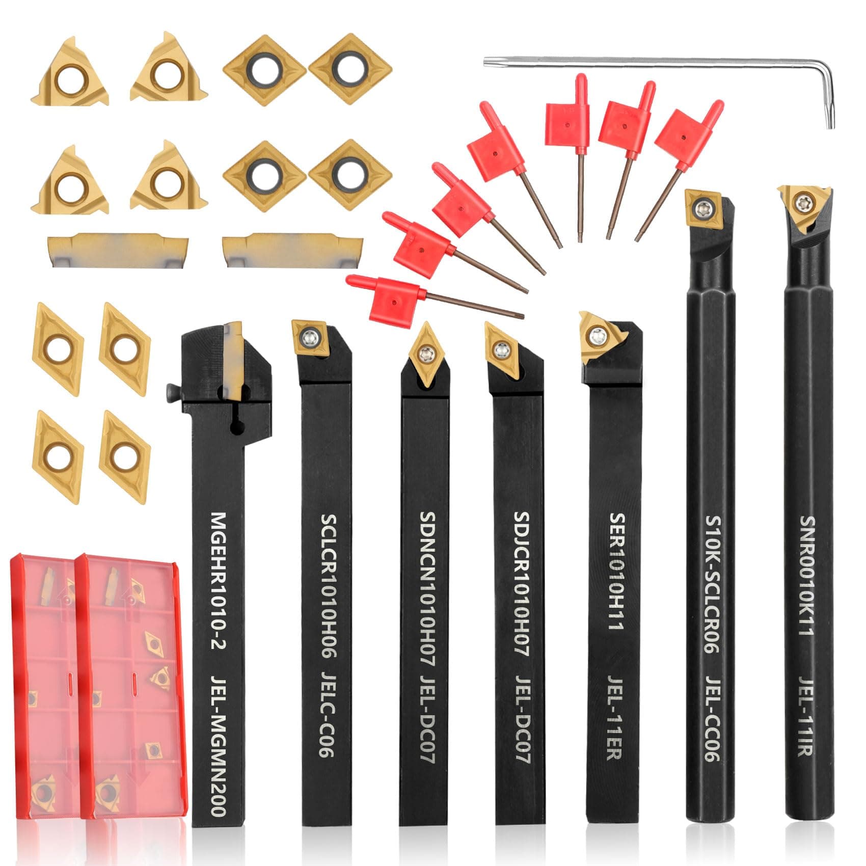 21 Pcs Slow Away Lathe Turning Tools Kit 3/8" 10mm Shank 7pcs Metal Lathe Tool Holder Set with Turning Inserts Grooving Threading Boring Carbide Insert Carbide Turning Tools Carbide Turning Tools